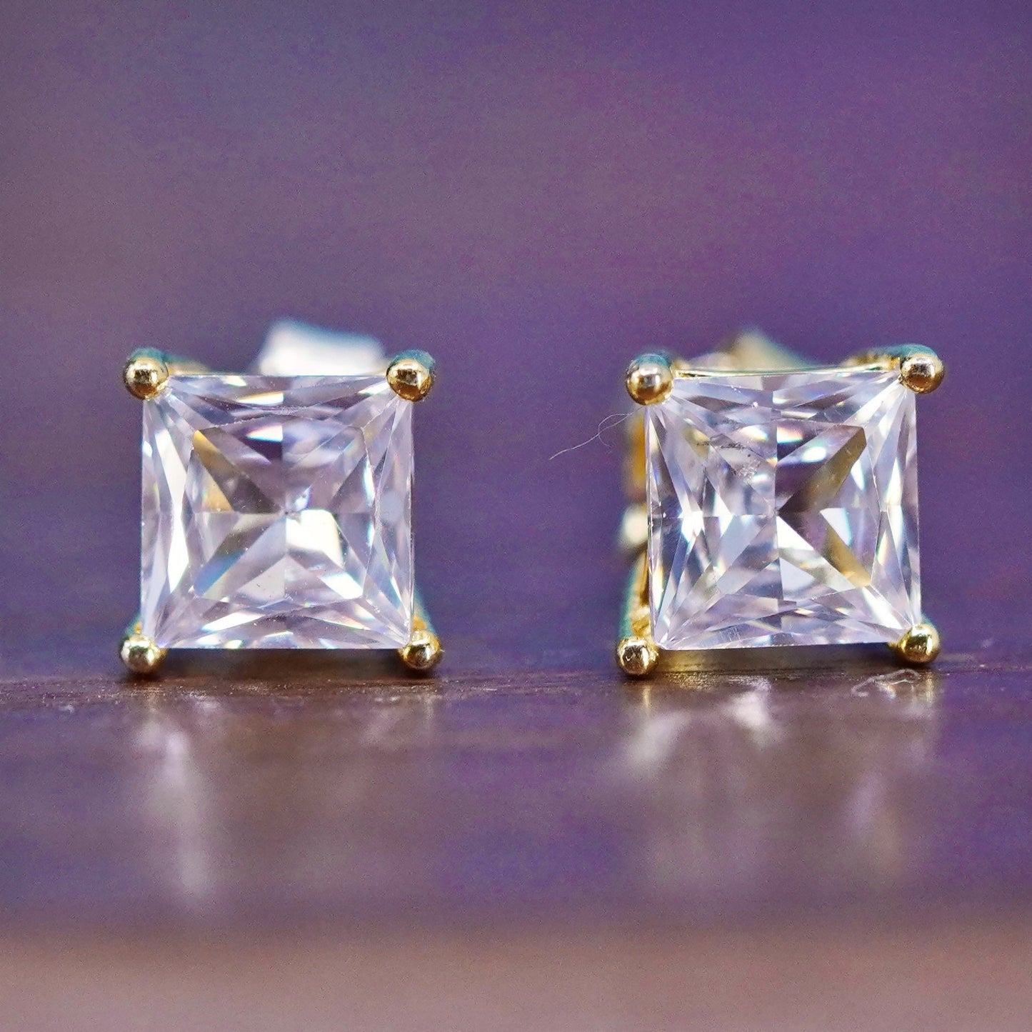 Vintage vermeil rose gold over sterling silver earrings, 925 studs w/ cz inlay