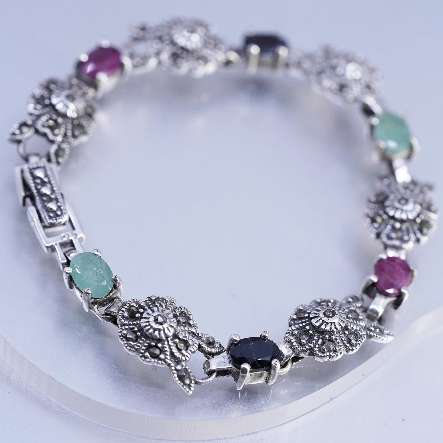 7", VTG Sterling Silver 925 Tennis Marcasite flower Bracelet ruby sapphire jade