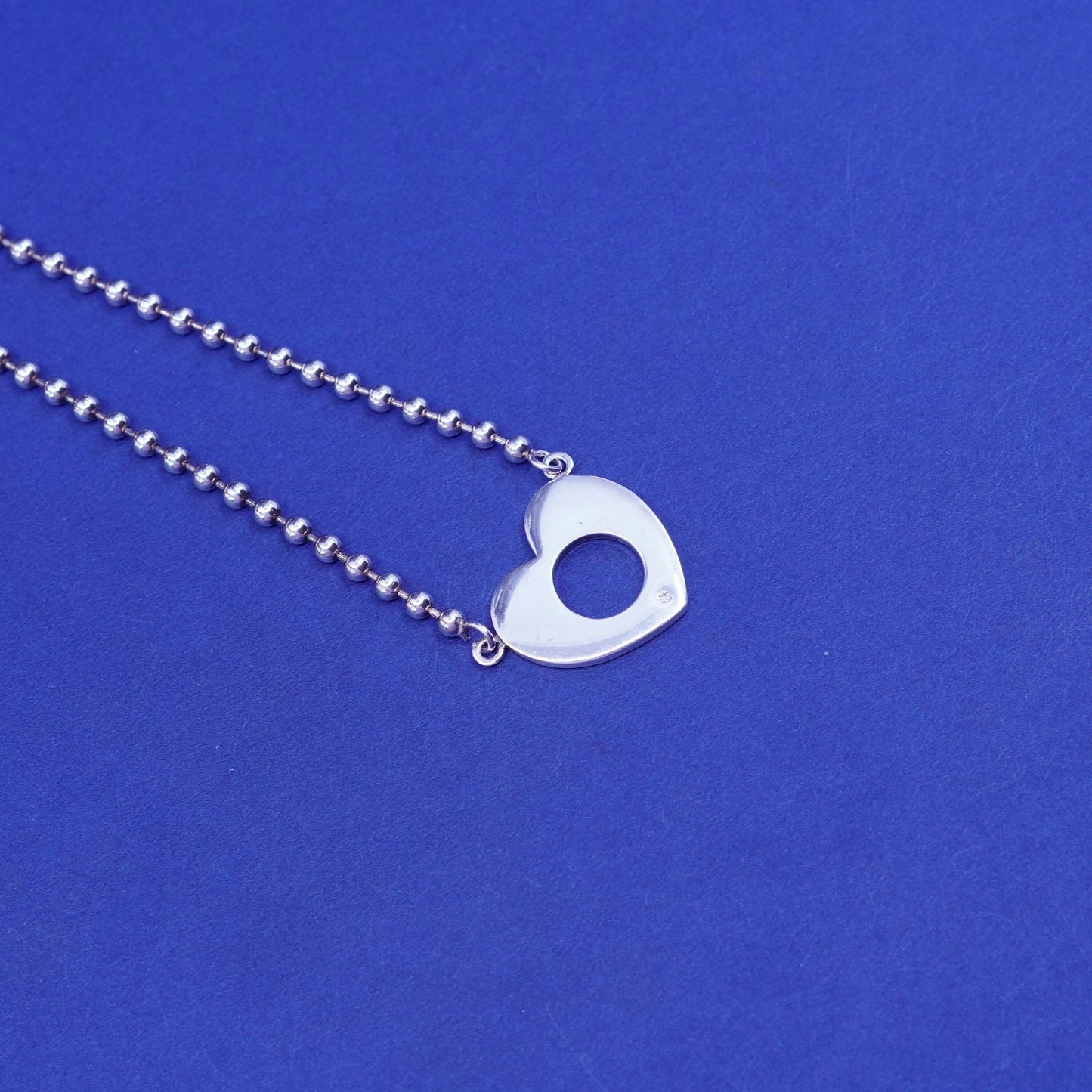 16”, 2mm, vintage Sterling silver necklace, 925 bead chain with heart pendant