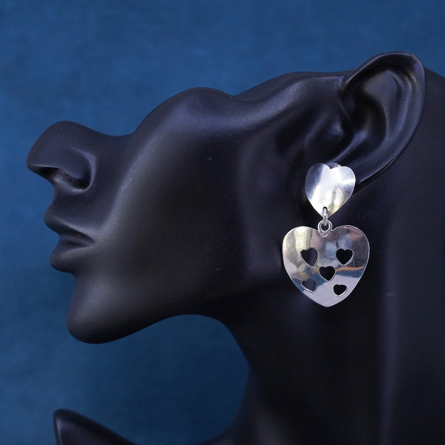 Mexican Sterling silver handmade earrings, 925 heart dangles with heart cut out