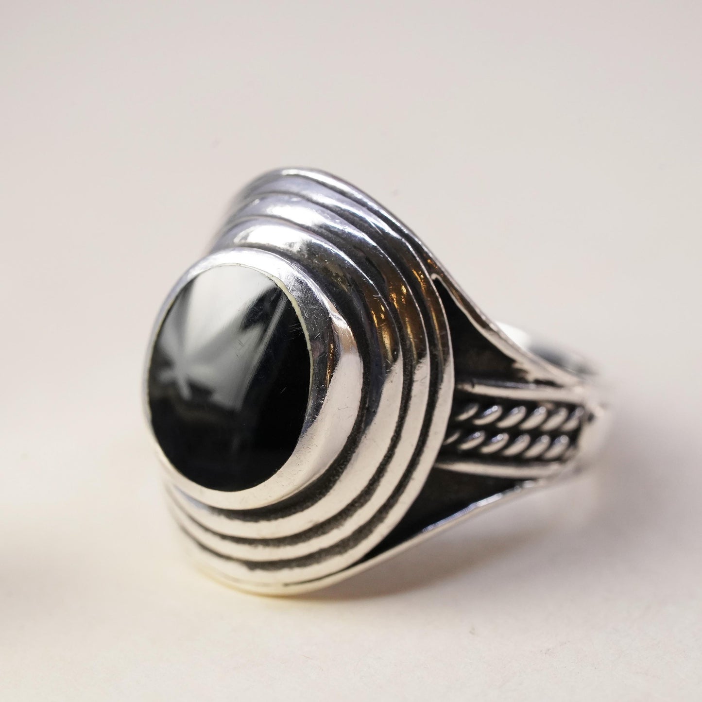 Size 12.25, Vintage sterling 925 silver statement handmade ring with oval onyx
