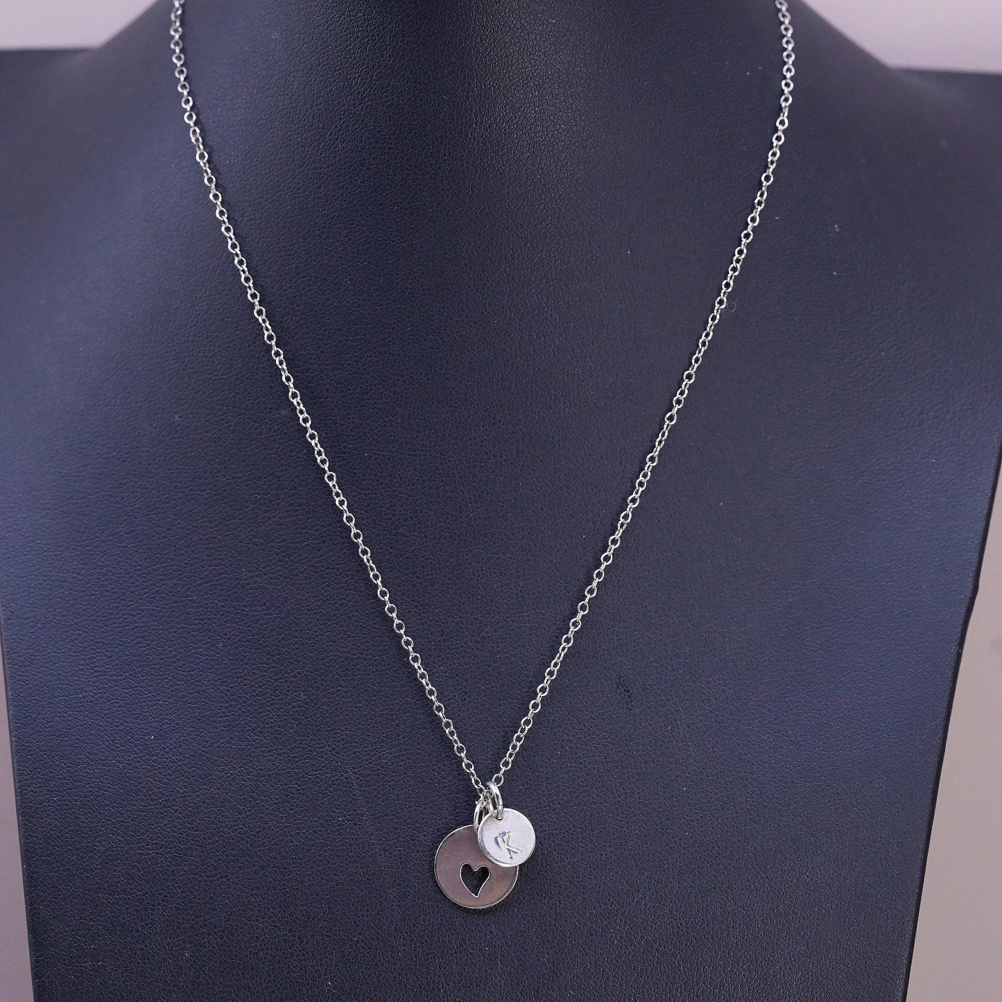 16", 1mm, vintage Sterling silver necklace, 925 circle chain heart tag letter K