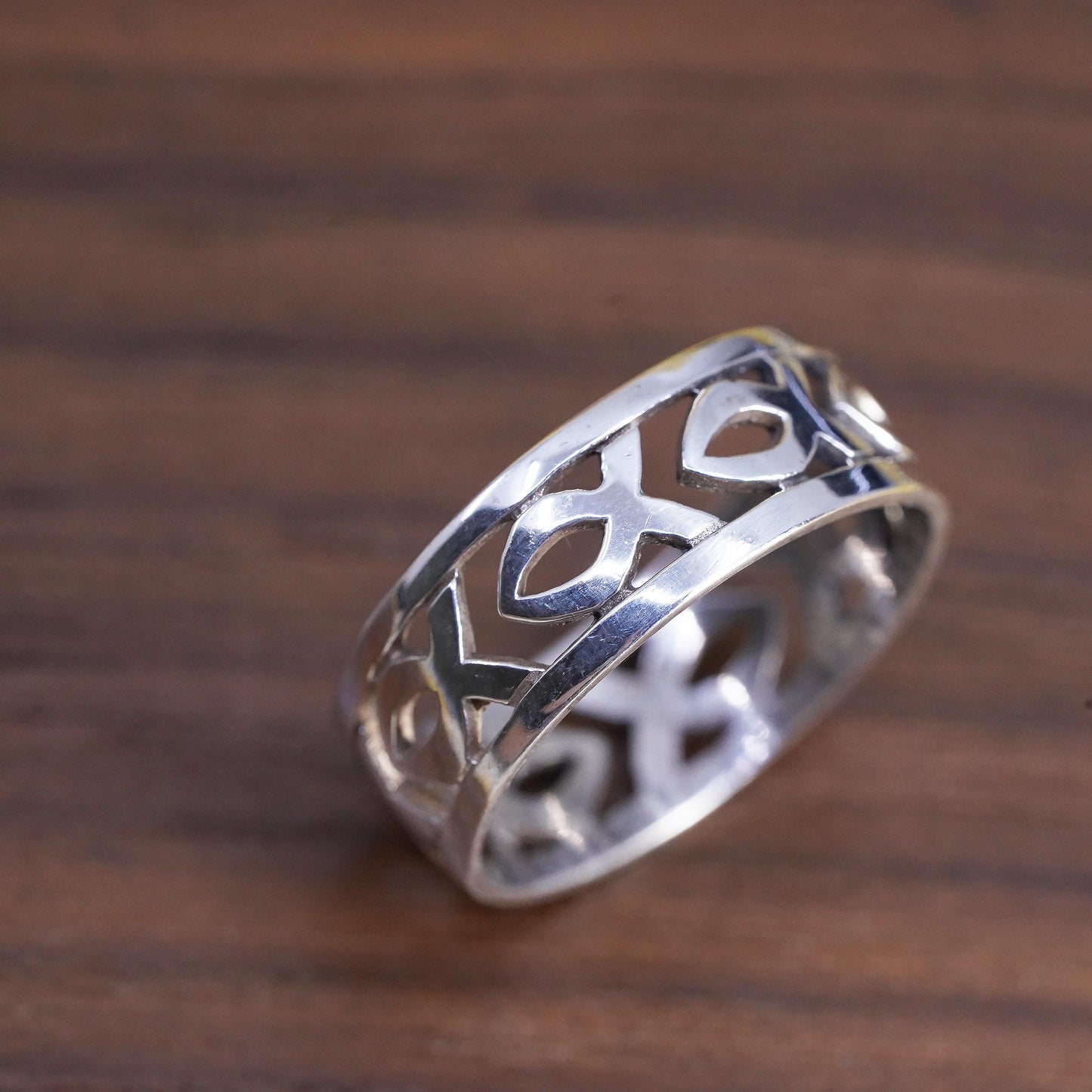Size 8.75, Sterling Silver 925 Openwork Fish Band, Ichthys Christian Fish Ring