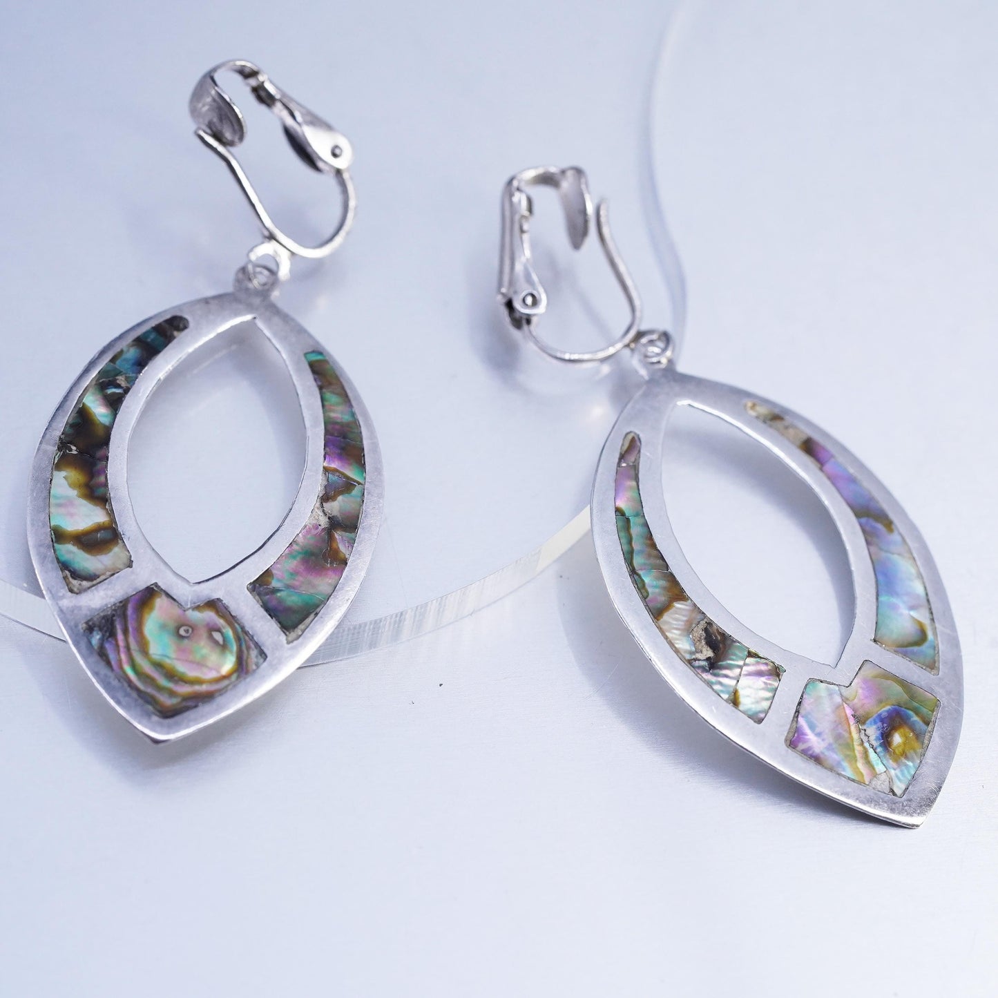 Vintage Mexican Sterling 925 silver earrings, leaf dangles clip on with abalone