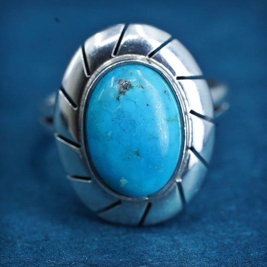 Size 9, vintage Mexican Sterling 925 silver handmade ring with oval turquoise