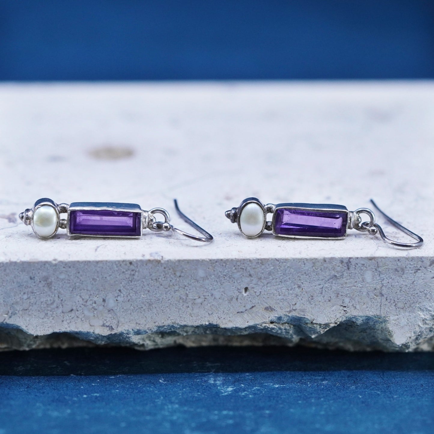 Vintage sterling 925 silver handmade earrings with amethyst and pearl