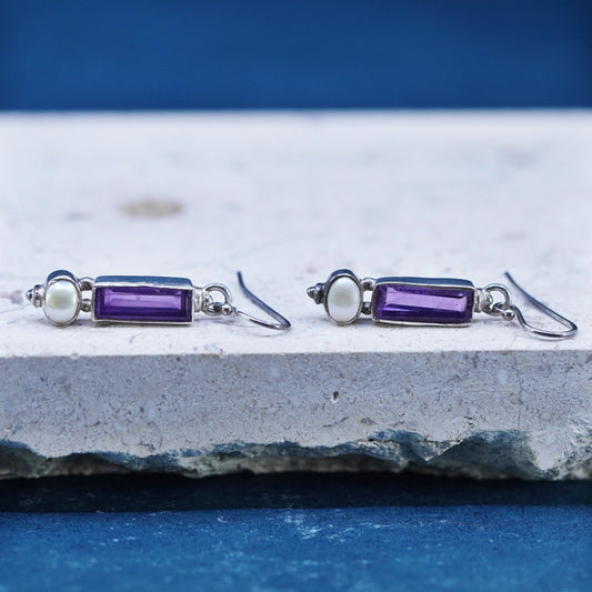 Vintage sterling 925 silver handmade earrings with amethyst and pearl