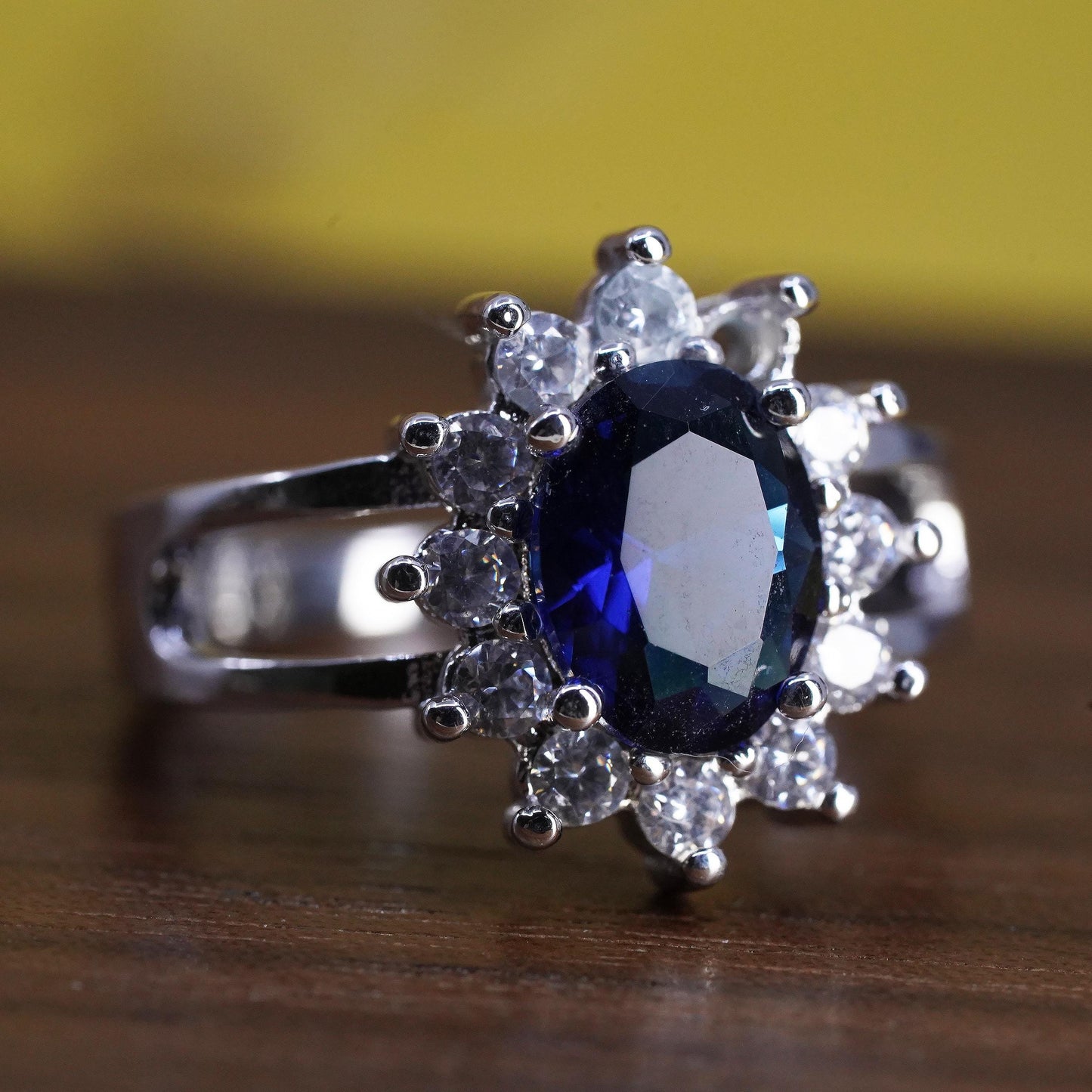 Size 7, Vintage Sterling Silver 925 Blue Sapphire Halo Ring, Oval CZ Cluster