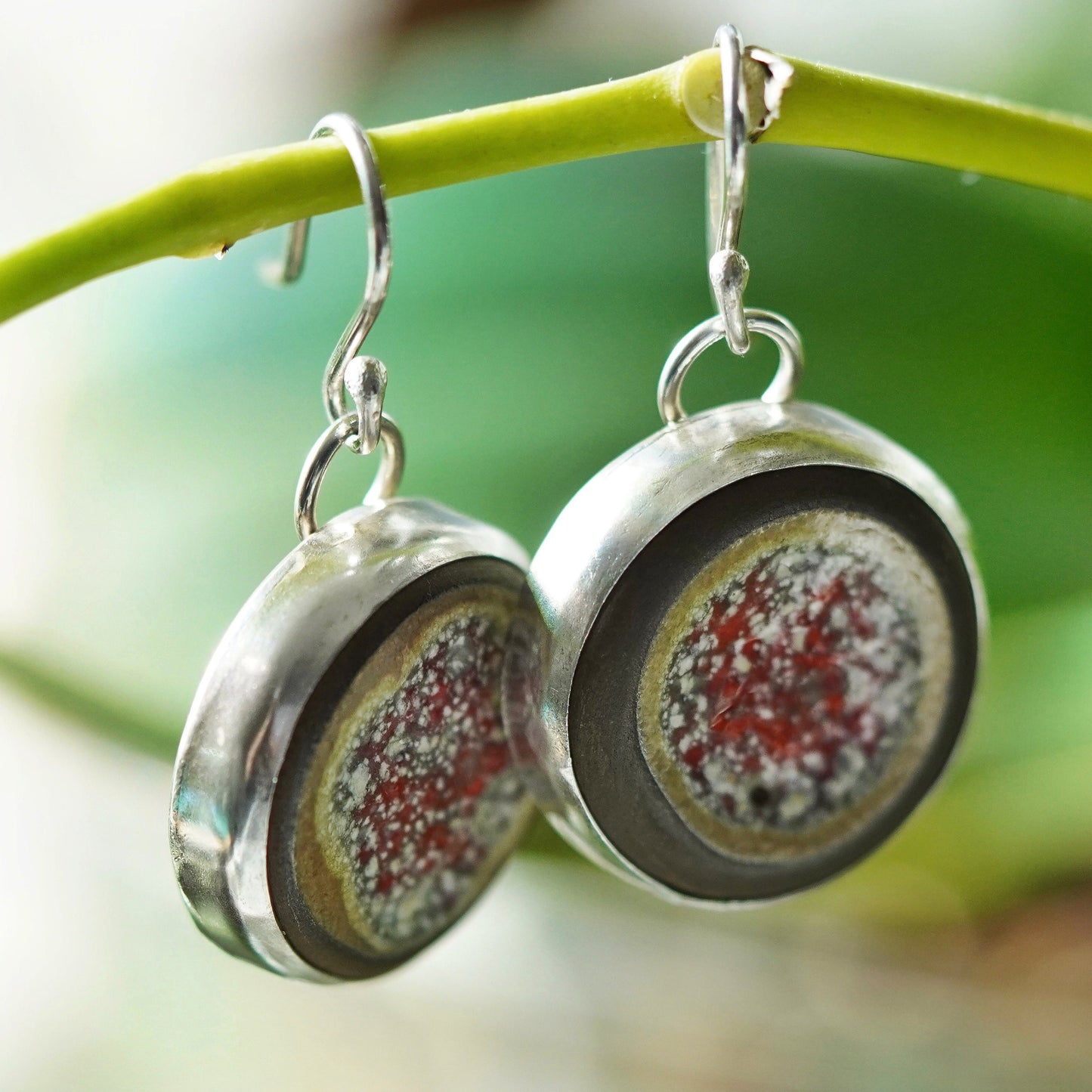 Vintage sterling 925 silver handmade earrings with round artisan stone