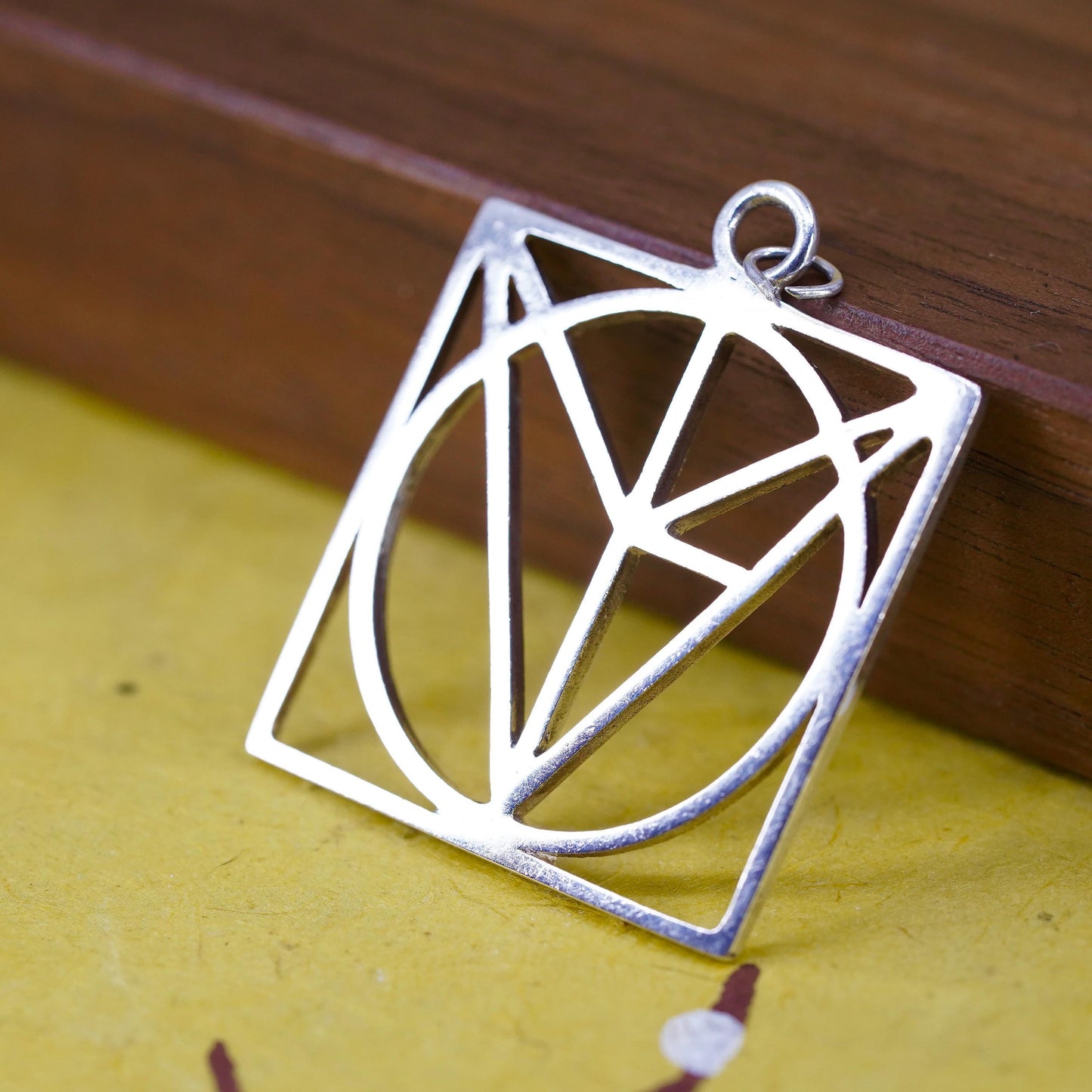 Sterling Silver Geometric Square Pendant Modernist Abstract Line, Artisan Charm