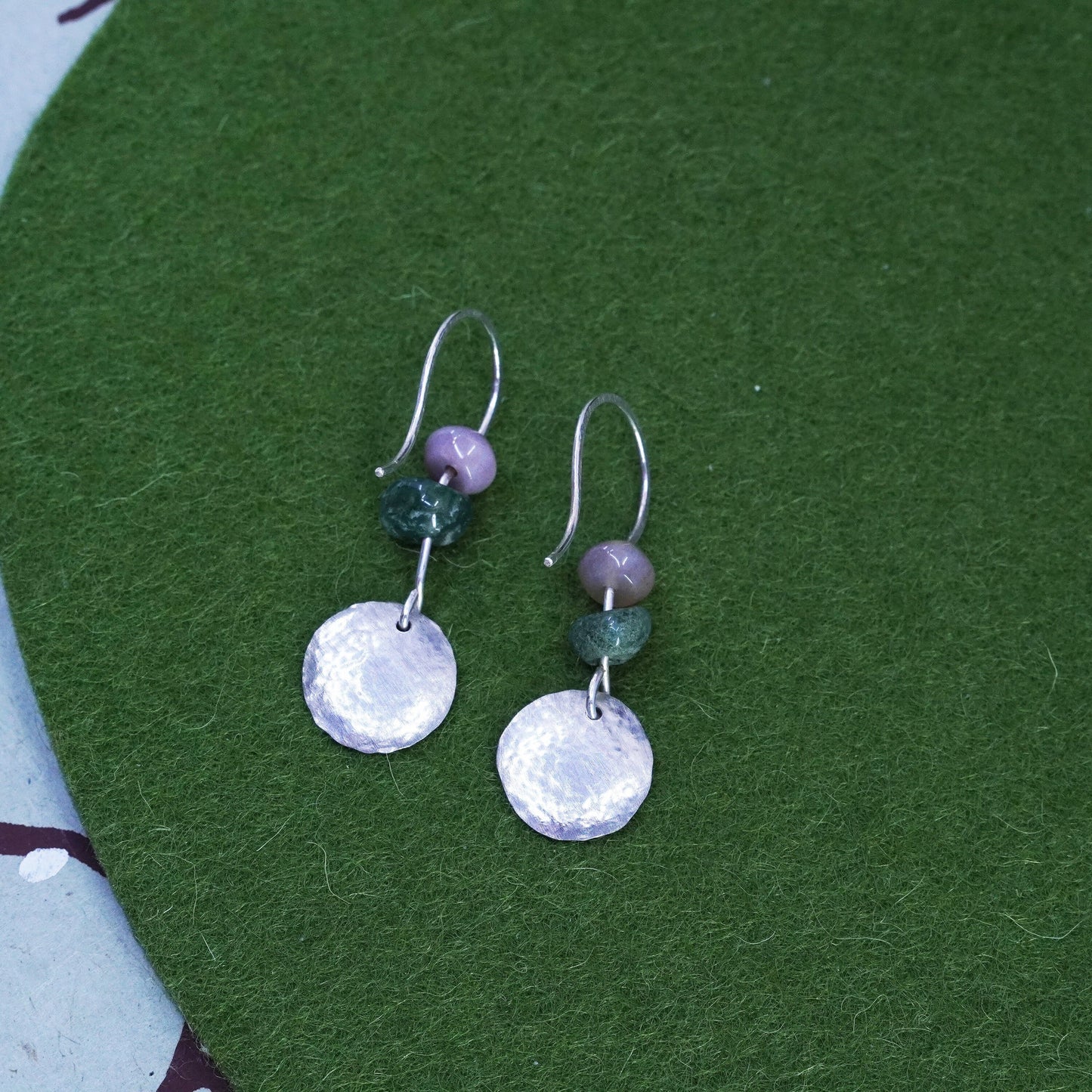Vintage Hammered textured Disc Sterling 925 Silver Earrings with jade and agate