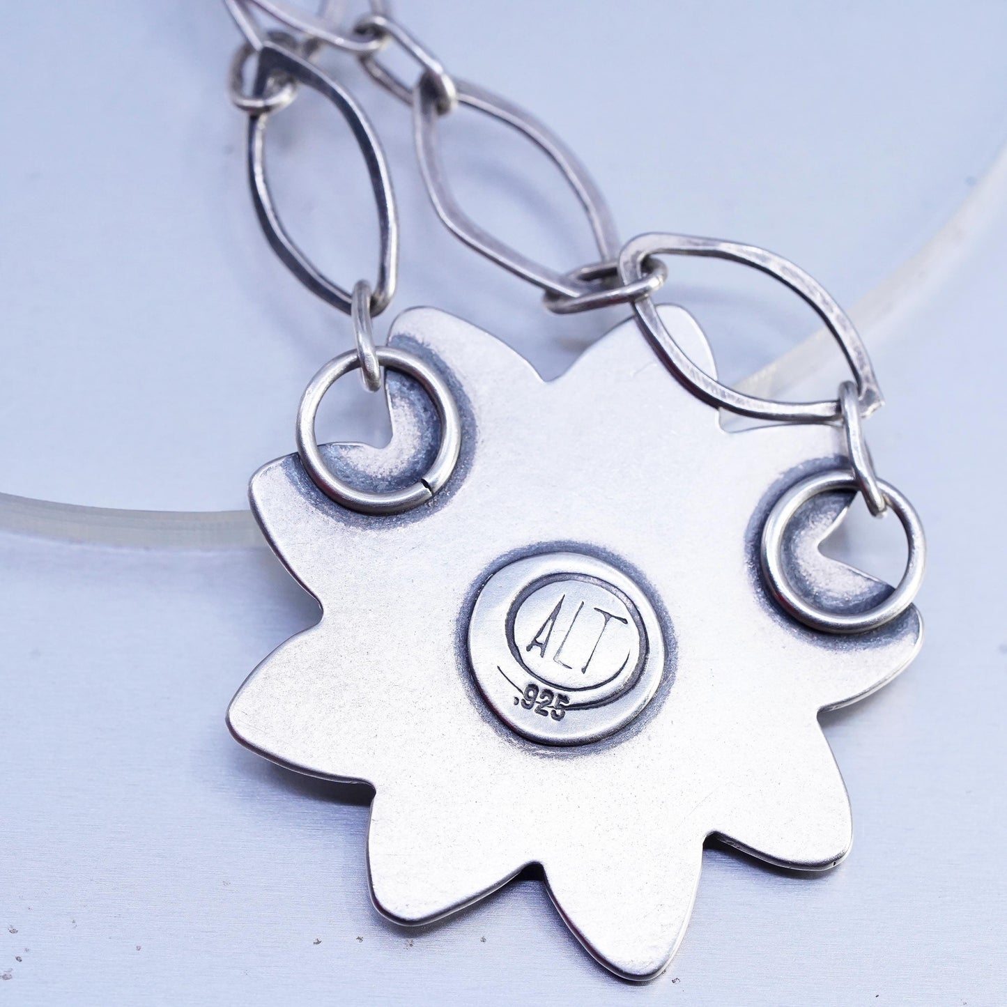 18", ALT matte Sterling 925 Silver flatten necklace garnet sunflower pendant