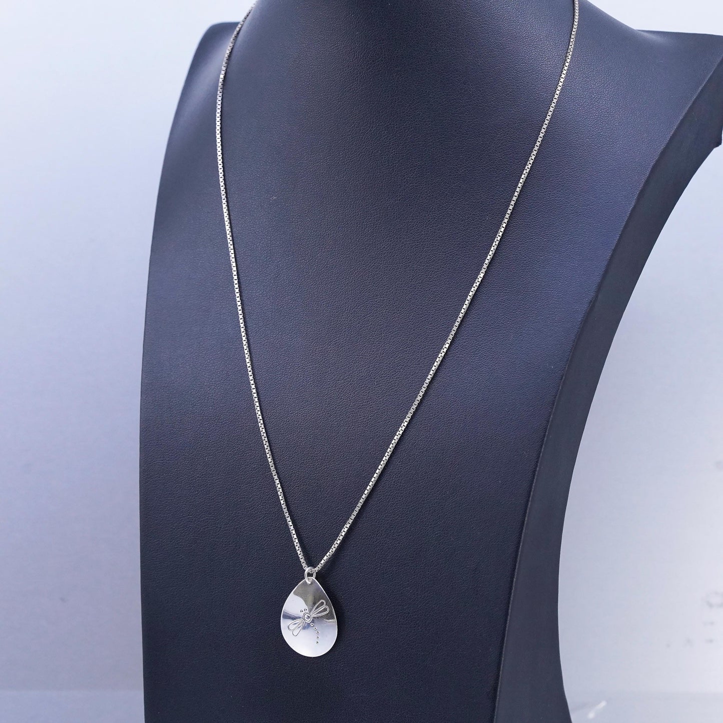 20", Italian sterling 925 silver box necklace dragonfly teardrop tag pendant