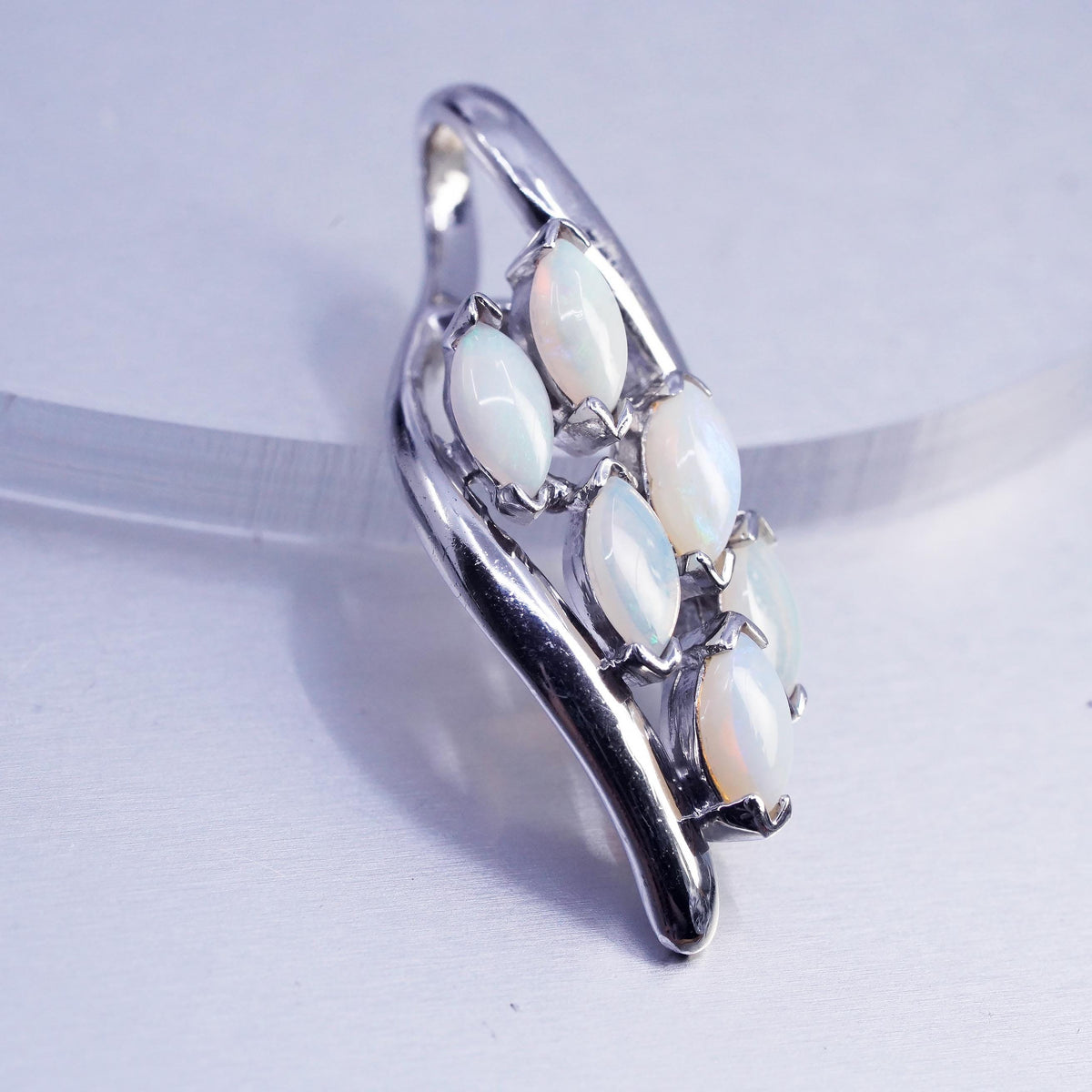 Sterling 925 Silver White Opal Cluster Pendant, Marquise Cabochon Opal Leaf