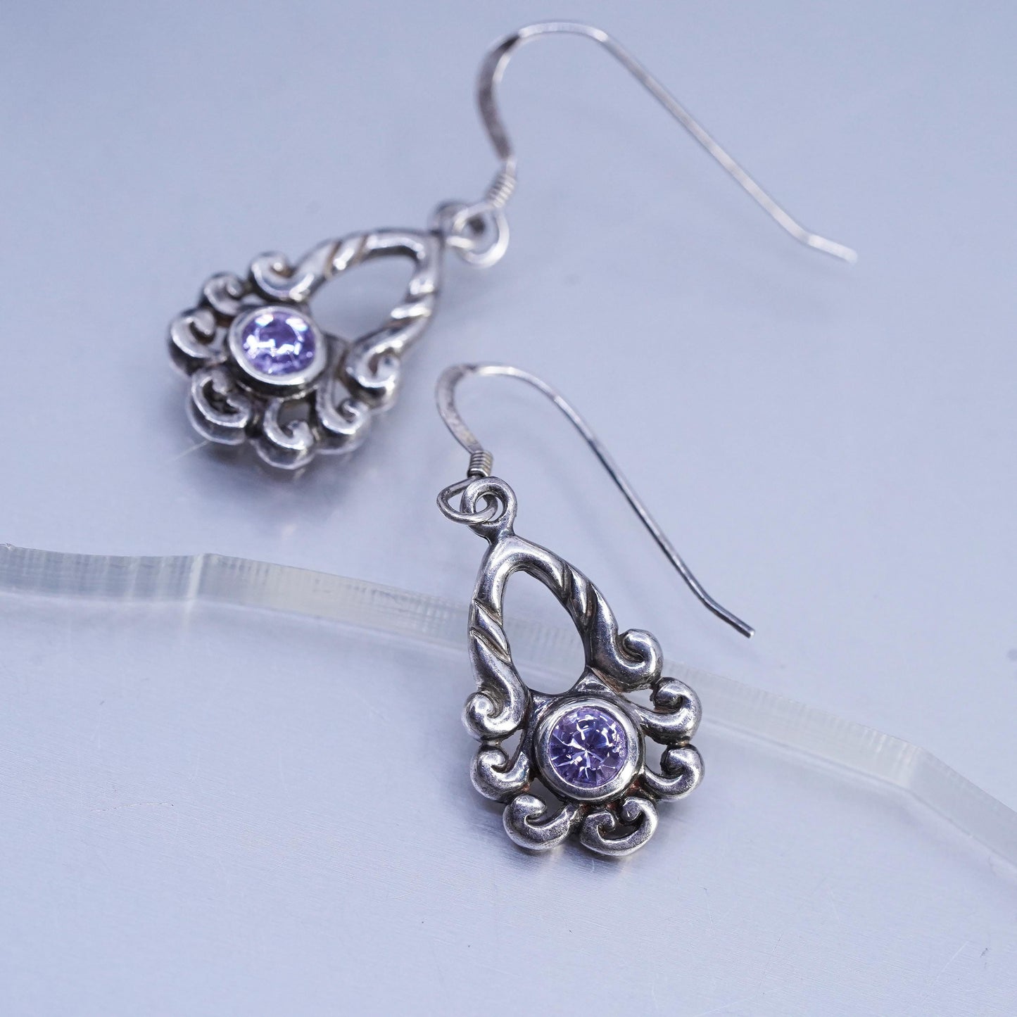 Vintage Sterling 925 silver handmade spiral earrings lavender purple crystal