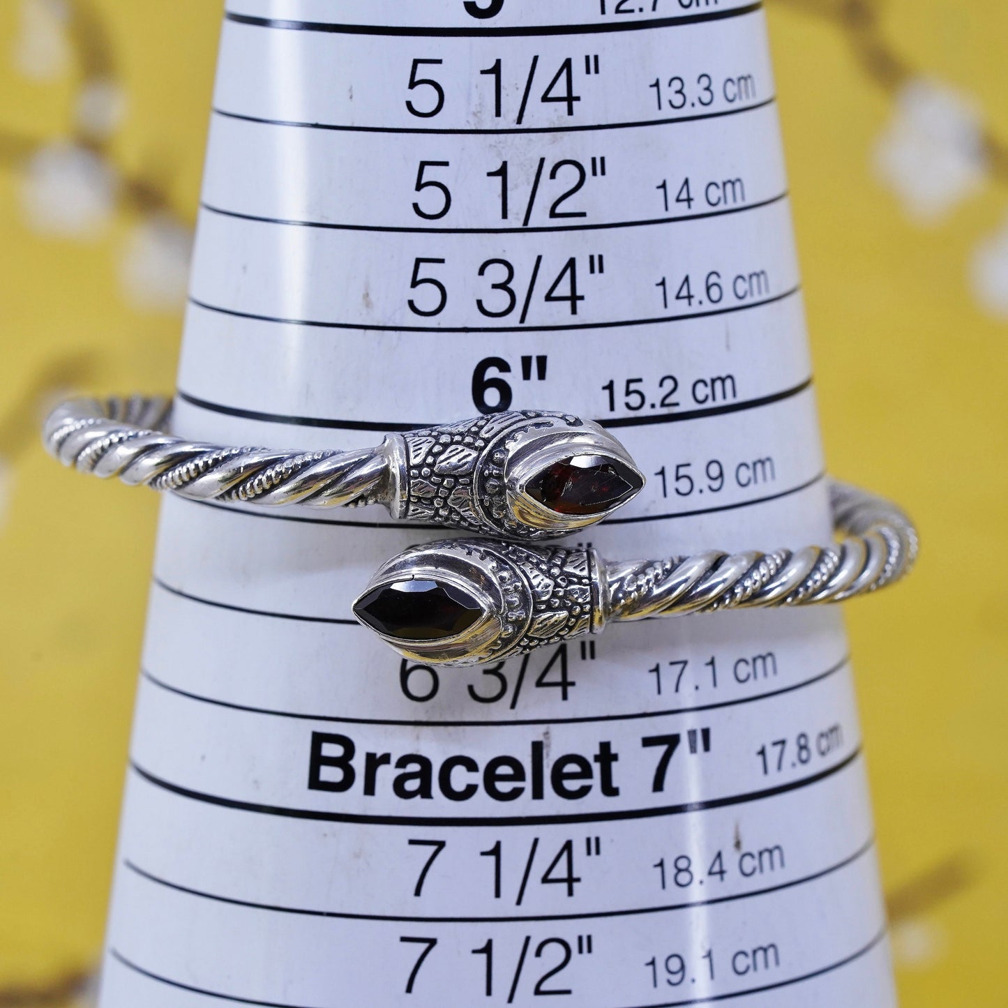 6.75", Vintage sterling silver bracelet, 925 silver cable bangle with ruby ends