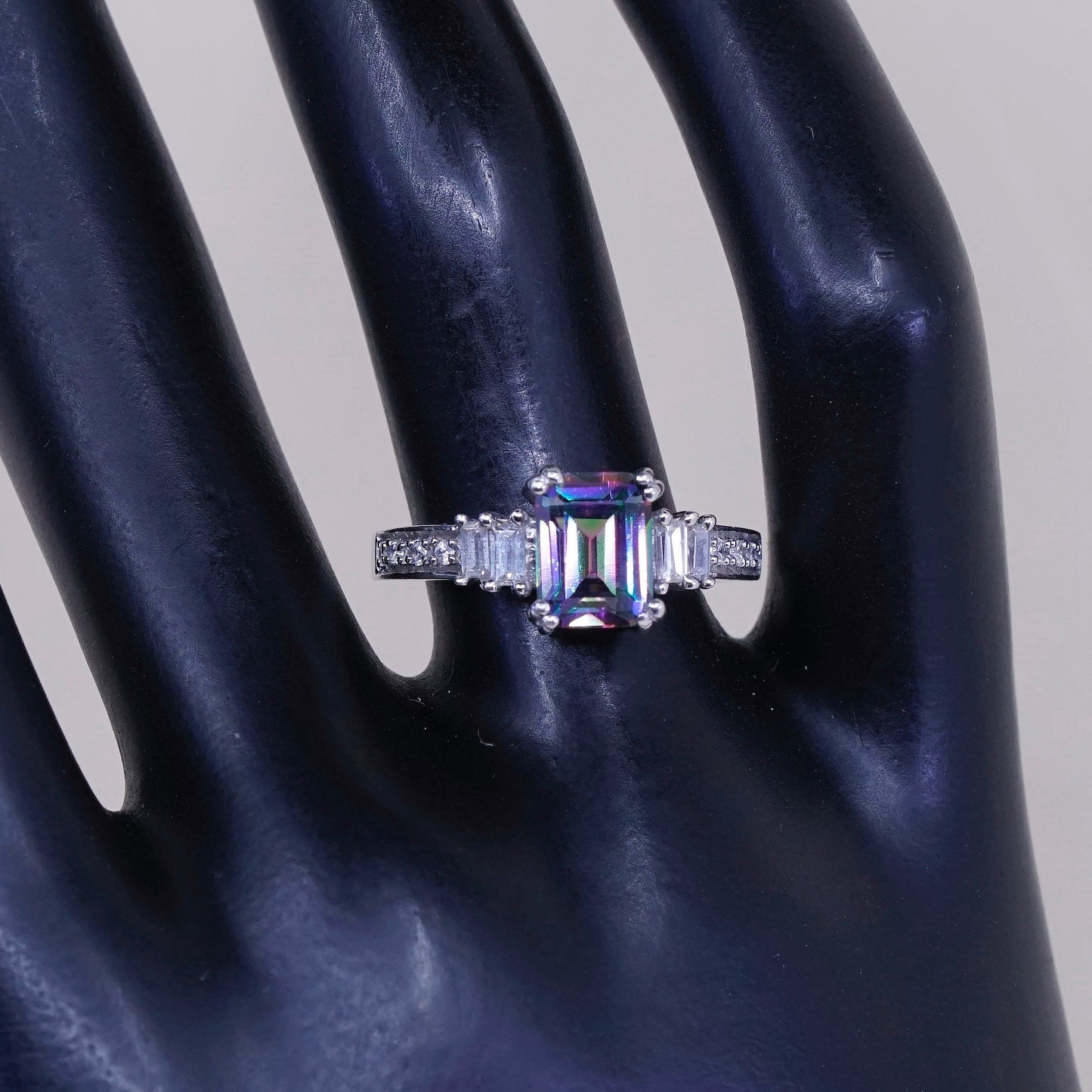 Size 7, vintage Sterling 925 silver handmade ring with rainbow topaz and Cz