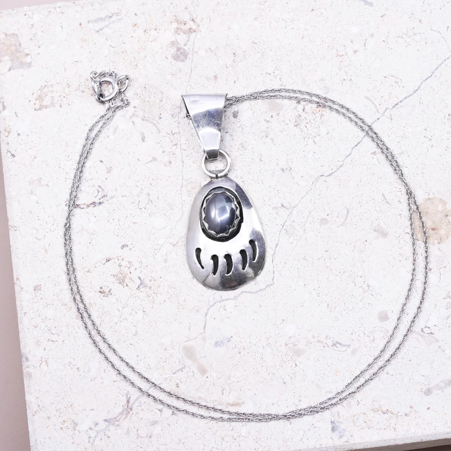 Native American Sensa Eustac Sterling 925 silver box necklace teardrop bear paw