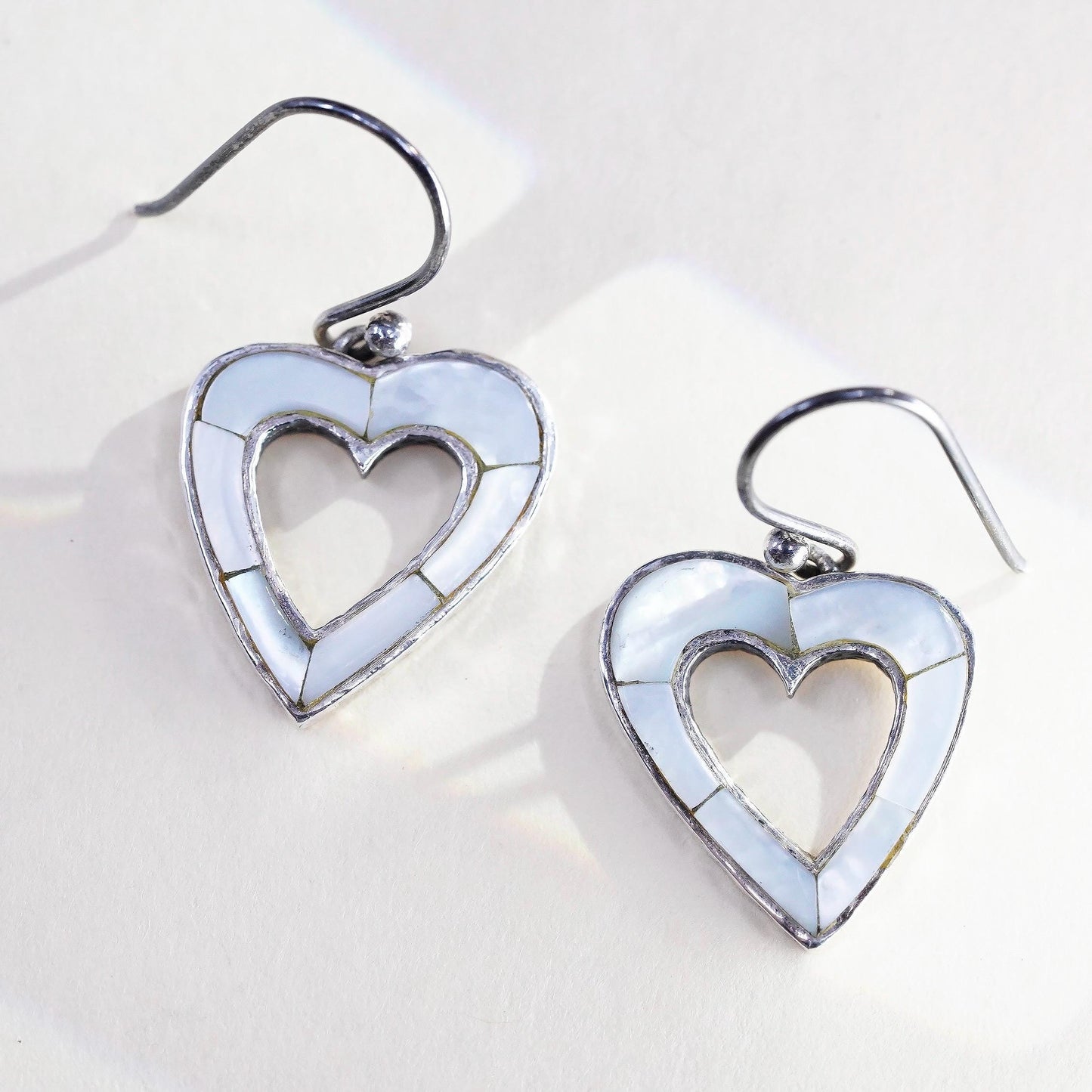 Vintage Peyote Bird sterling 925 silver earrings mother of pearl inlay heart