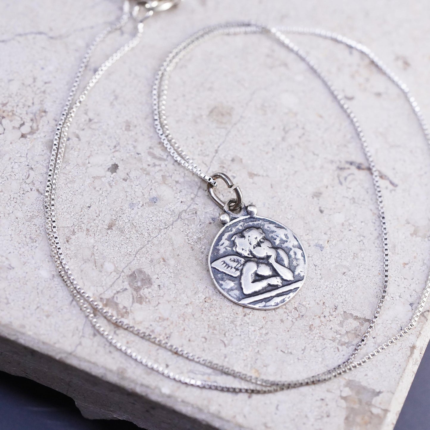 16", Vintage sterling 925 silver box necklace Guardian angel charm pendant