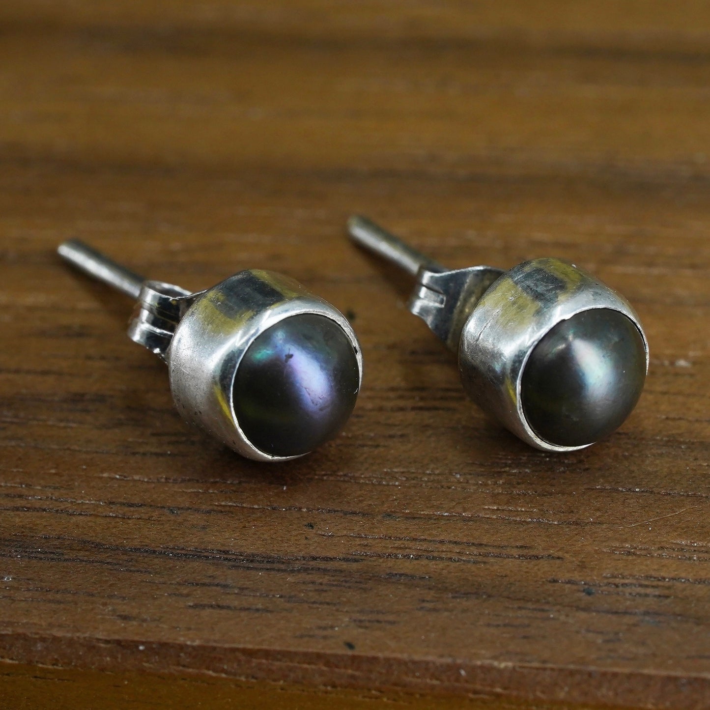 Vintage Sterling silver handmade earrings, 925 black pearl studs