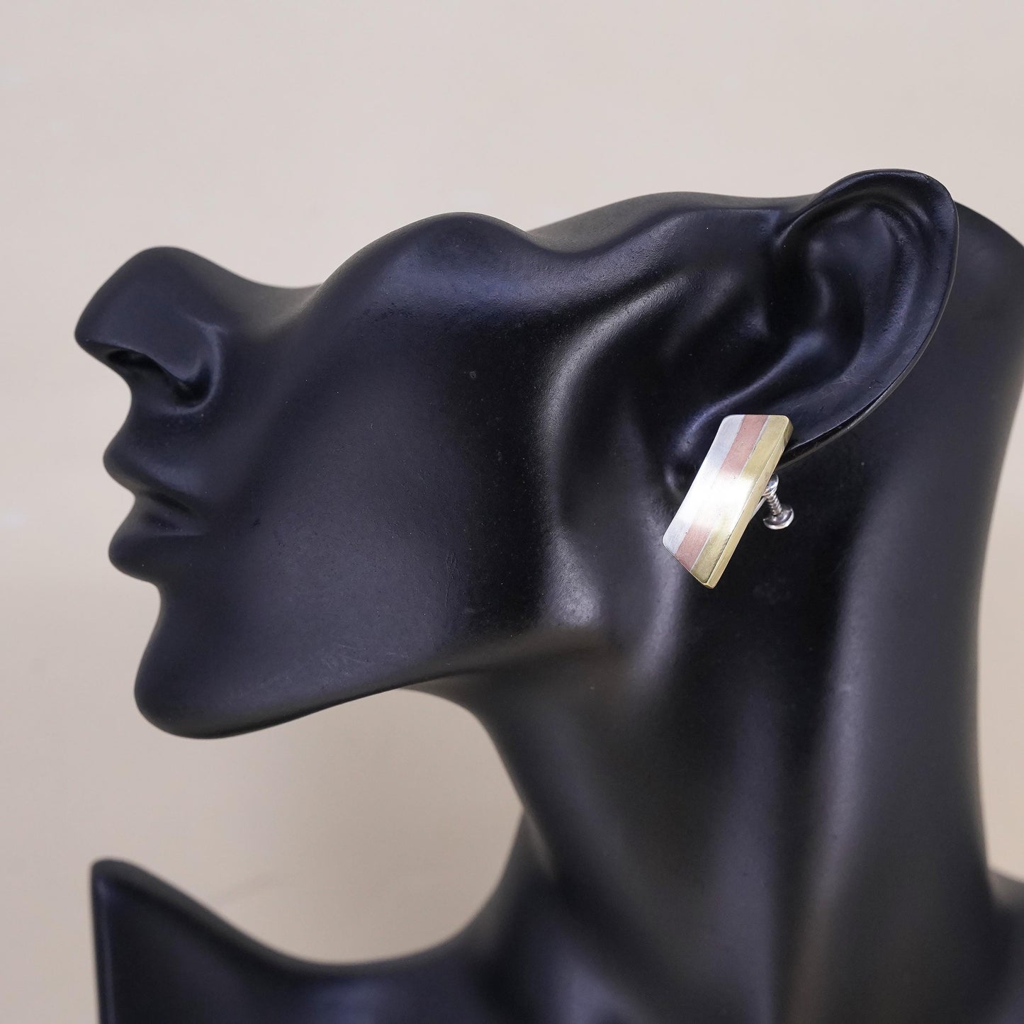 Vintage Taxco Hecho En triple tone Sterling silver earrings, 925 screw back