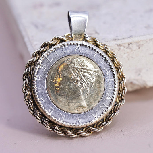 Italian 500 Lire Coin Charm Pendant sterling silver 925 case gold rope chain