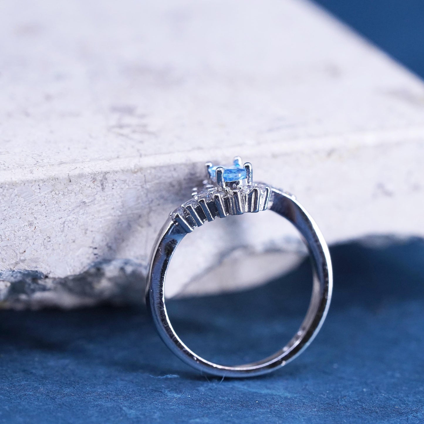 Size 7, vintage sterling 925 silver handmade ring with blue topaz and cz around