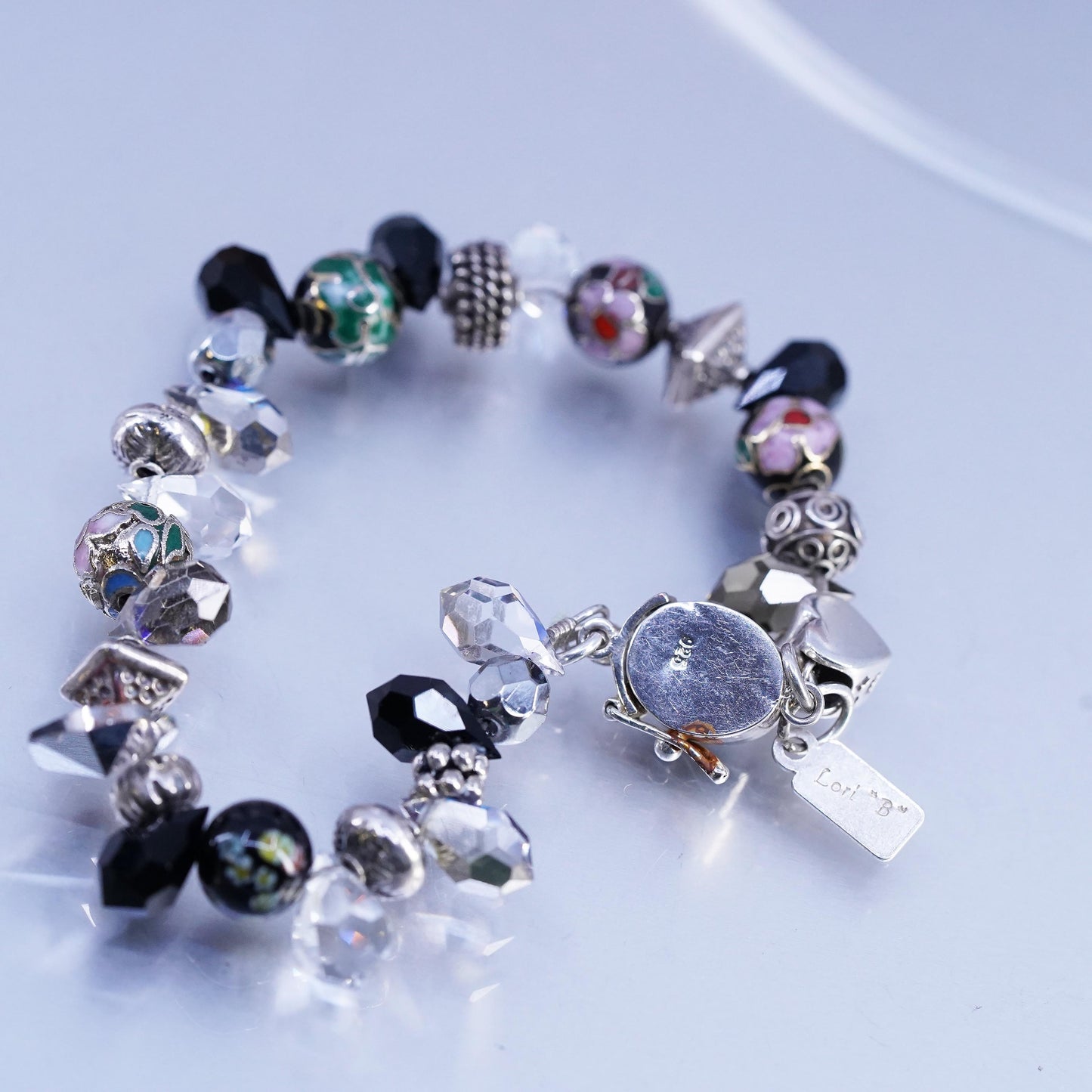6.5", Vintage Lori B Sterling 925 Silver Bracelet w/ Crystal beads heart charms