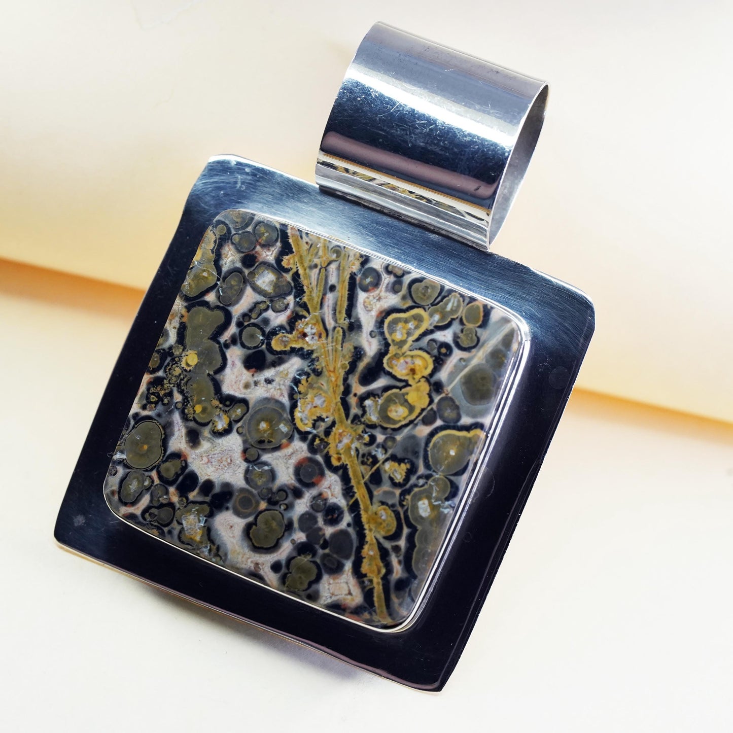 Vintage Mexican sterling 925 silver handmade huge pendant with square jasper