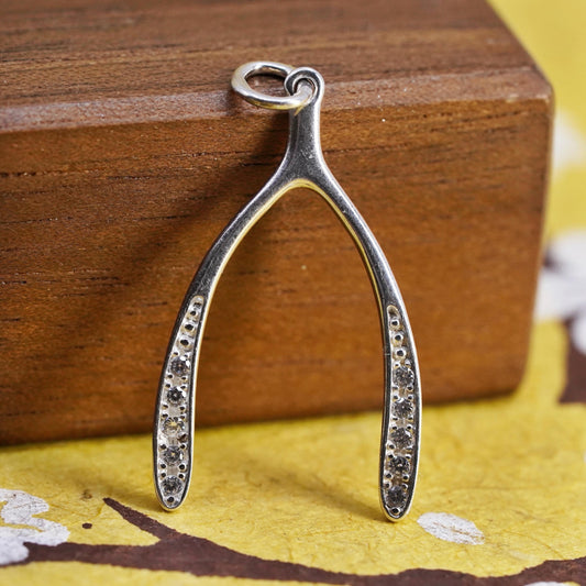 Vintage Sterling Silver 925 Wishbone Pendant Clear CZ Lucky Charm Good Luck