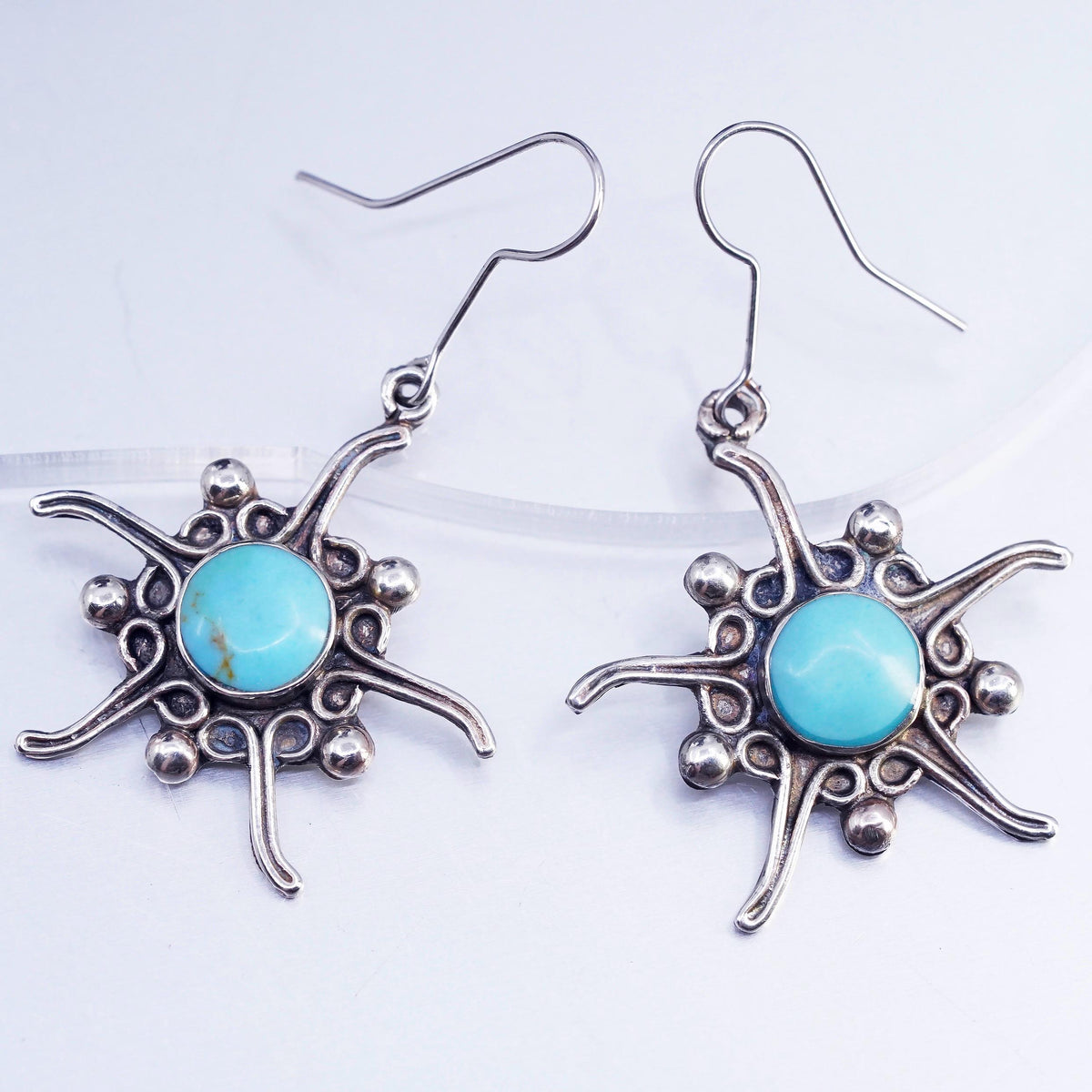 Vintage handmade Sterling 925 Silver earrings, Turquoise Sun dangles