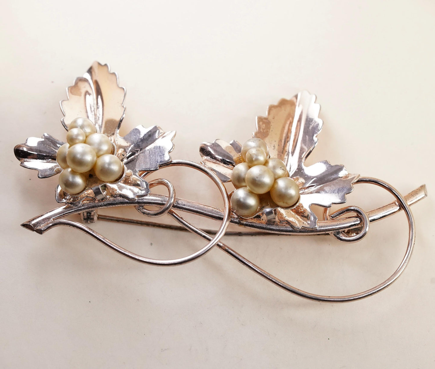 Vintage 1930s gold plated Sterling 925 silver faux pearl grape vines brooch