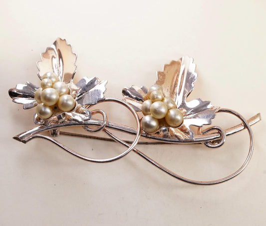 Vintage 1930s gold plated Sterling 925 silver faux pearl grape vines brooch