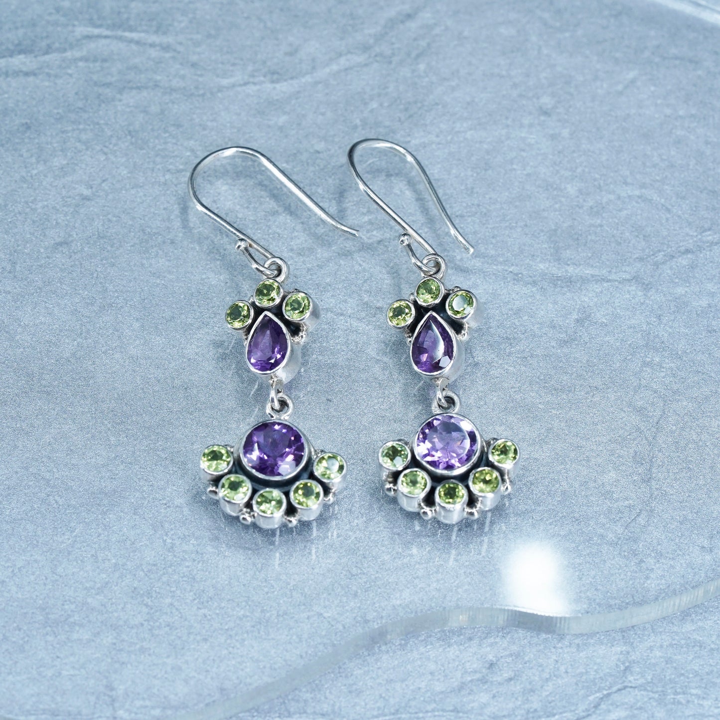 Vintage SLG Sterling 925 silver handmade earrings with amethyst and peridot