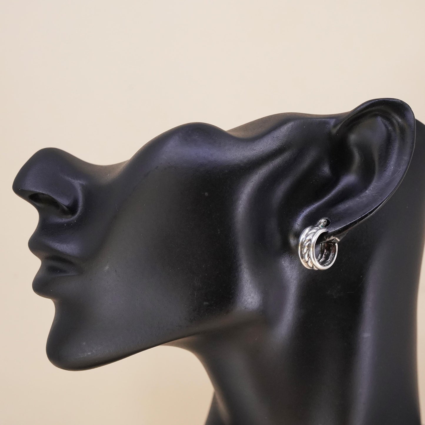 0.5”, Vintage Jezlaine sterling silver single earring, cable primitive hoop