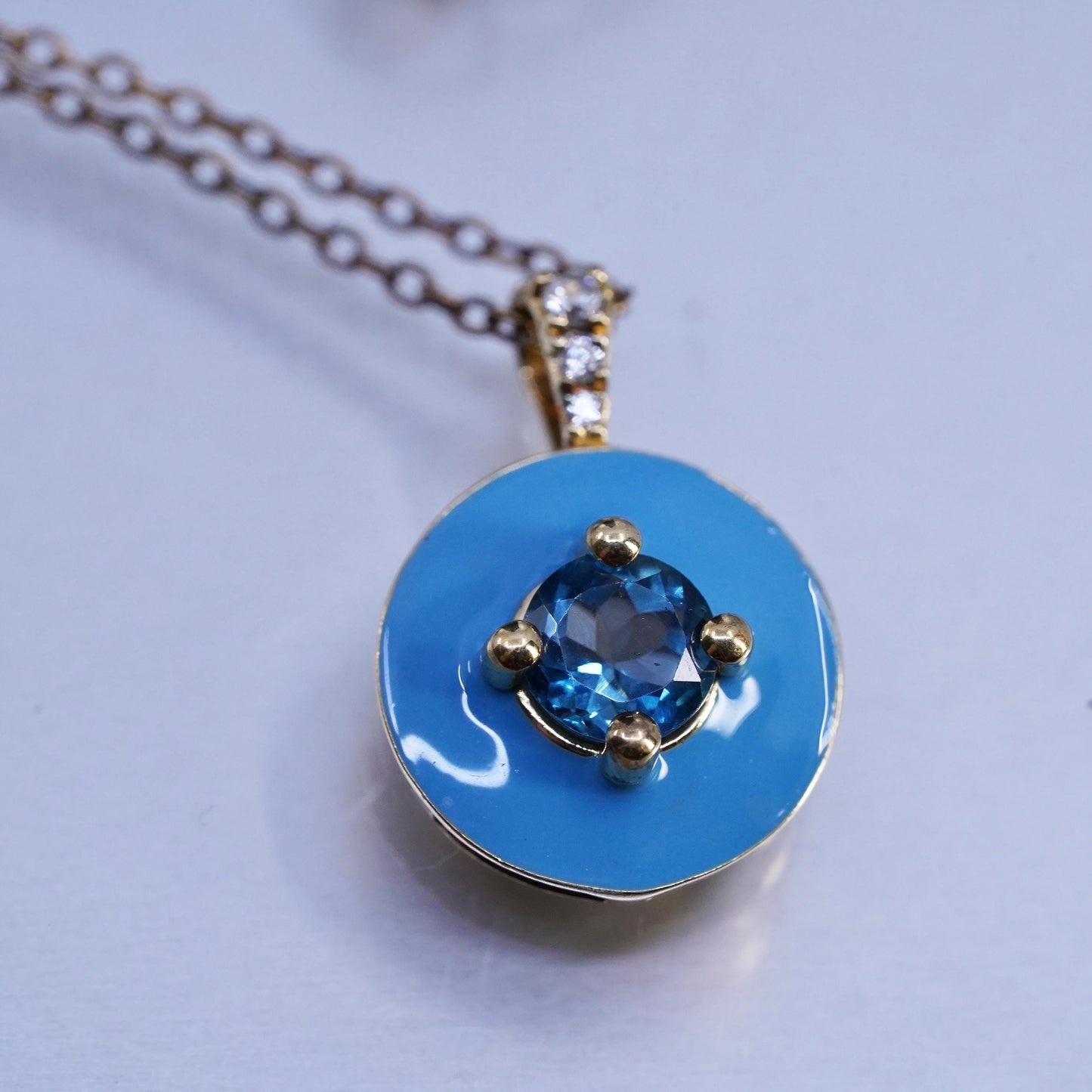 18", gold plated Sterling 925 silver circle necklace enamel blue topaz pendant