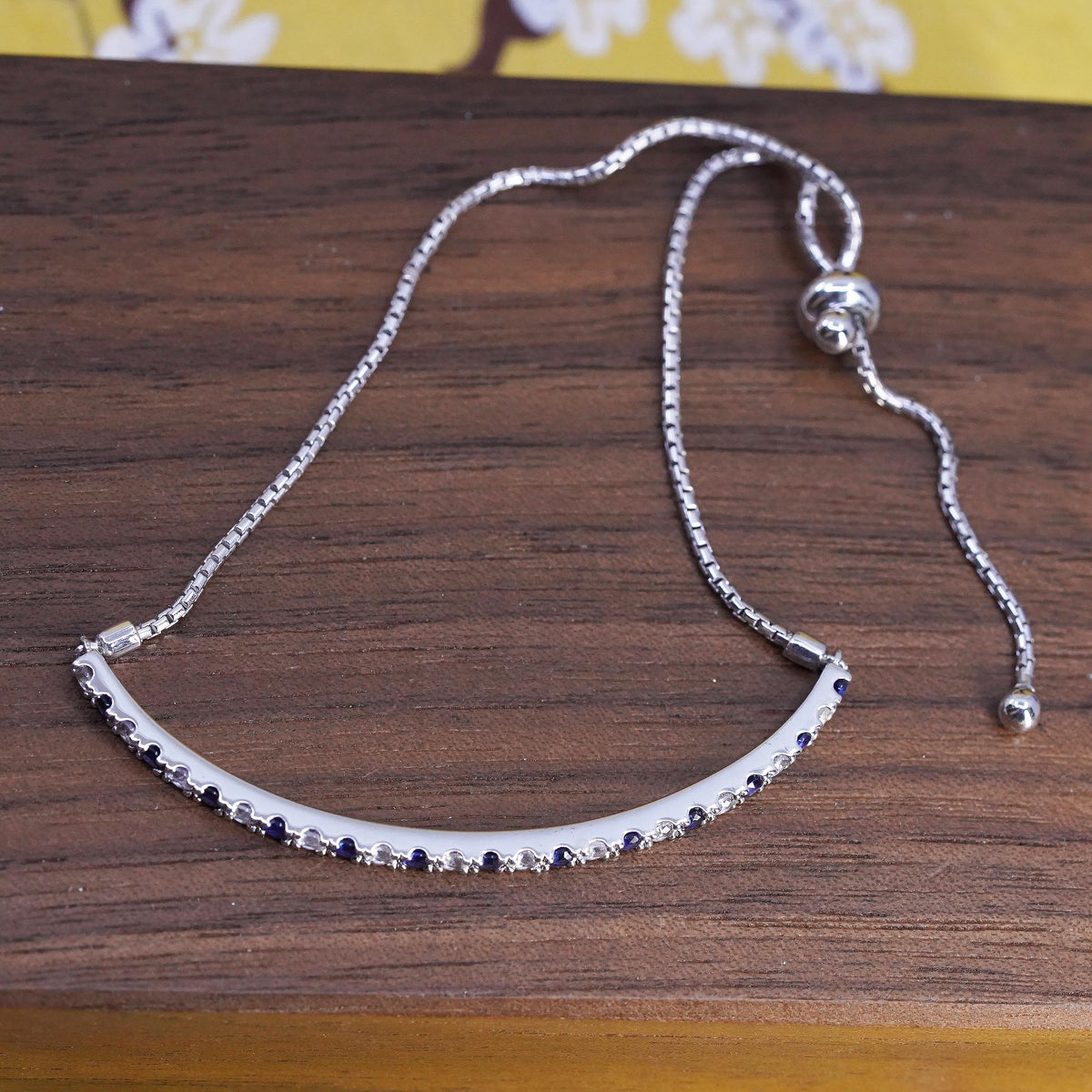 vintage PM Sterling silver bracelet, 925 box chain sapphire white topaz bar