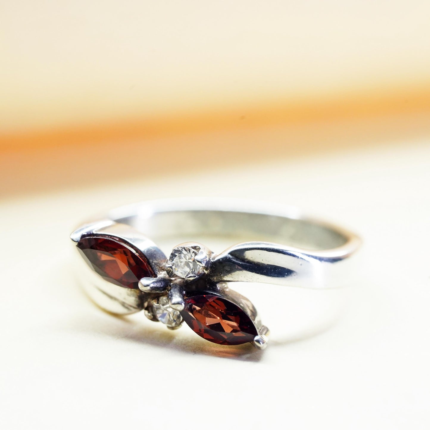 Size 8, vintage Sterling 925 silver statement ring with garnet and cz