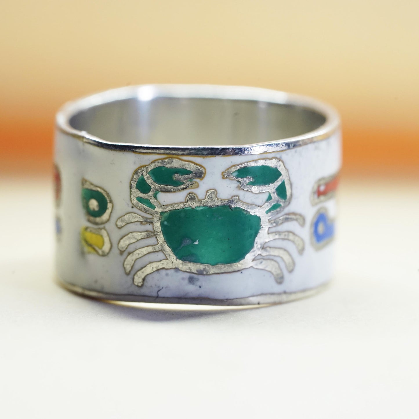 Size 4, vintage Sterling silver ring, 925 enamel tribal folk art statement band