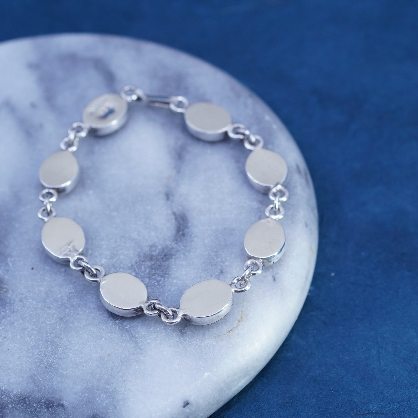 7.75”, vintage Sterling 925 silver handmade tennis bracelet with floral resin