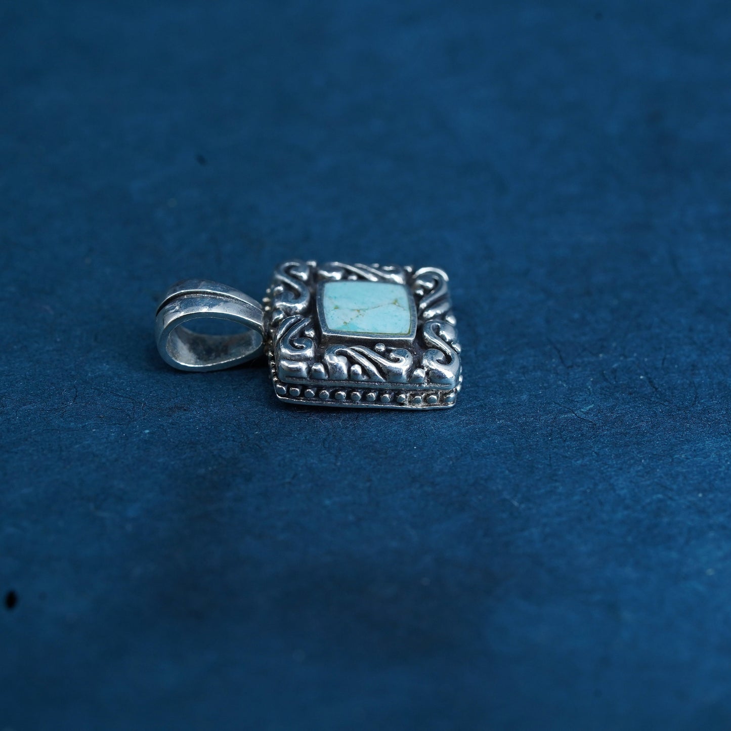 southwestern Sterling 925 silver handmade filigree pendant w/ square turquoise