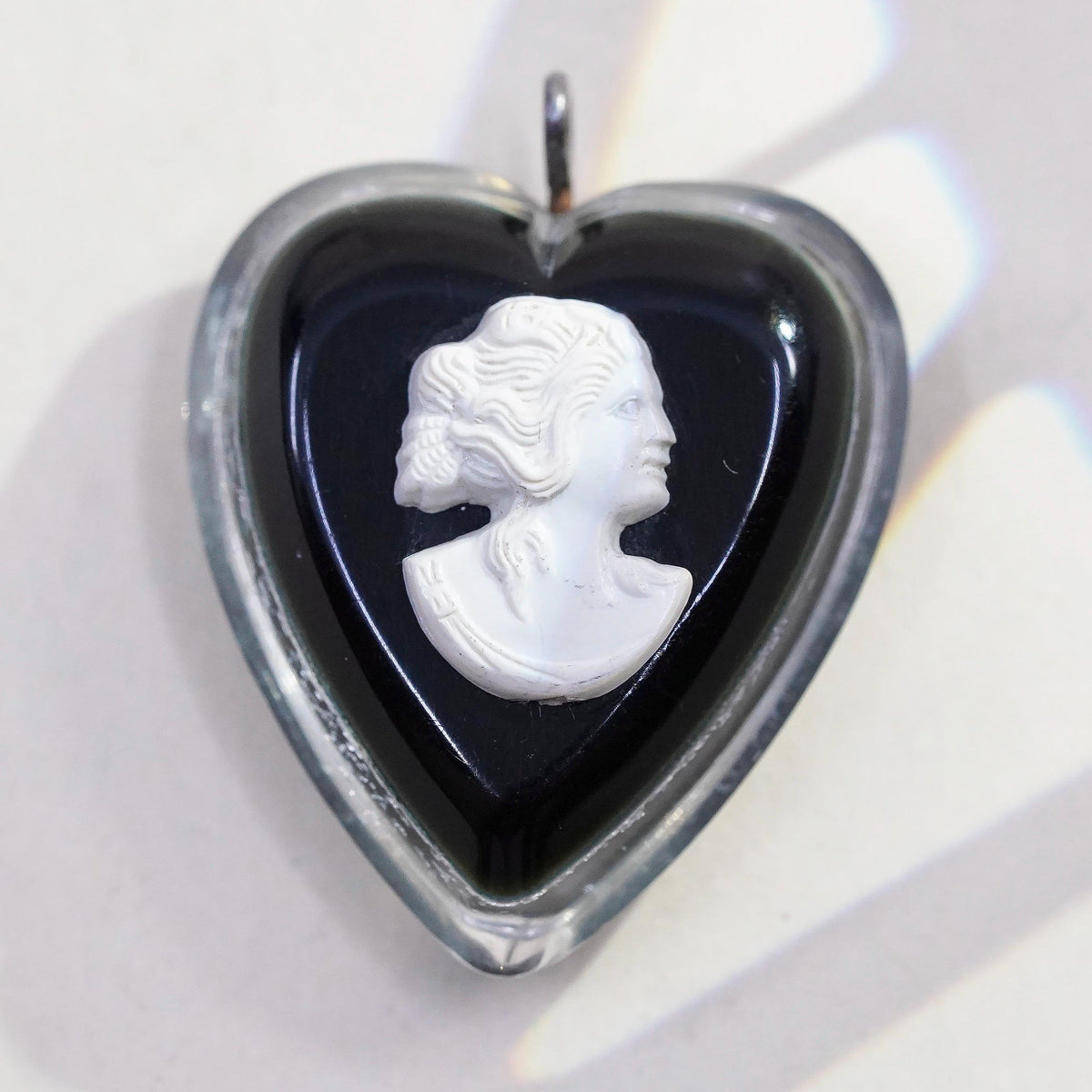 Vintage cameo girl black heart pendant