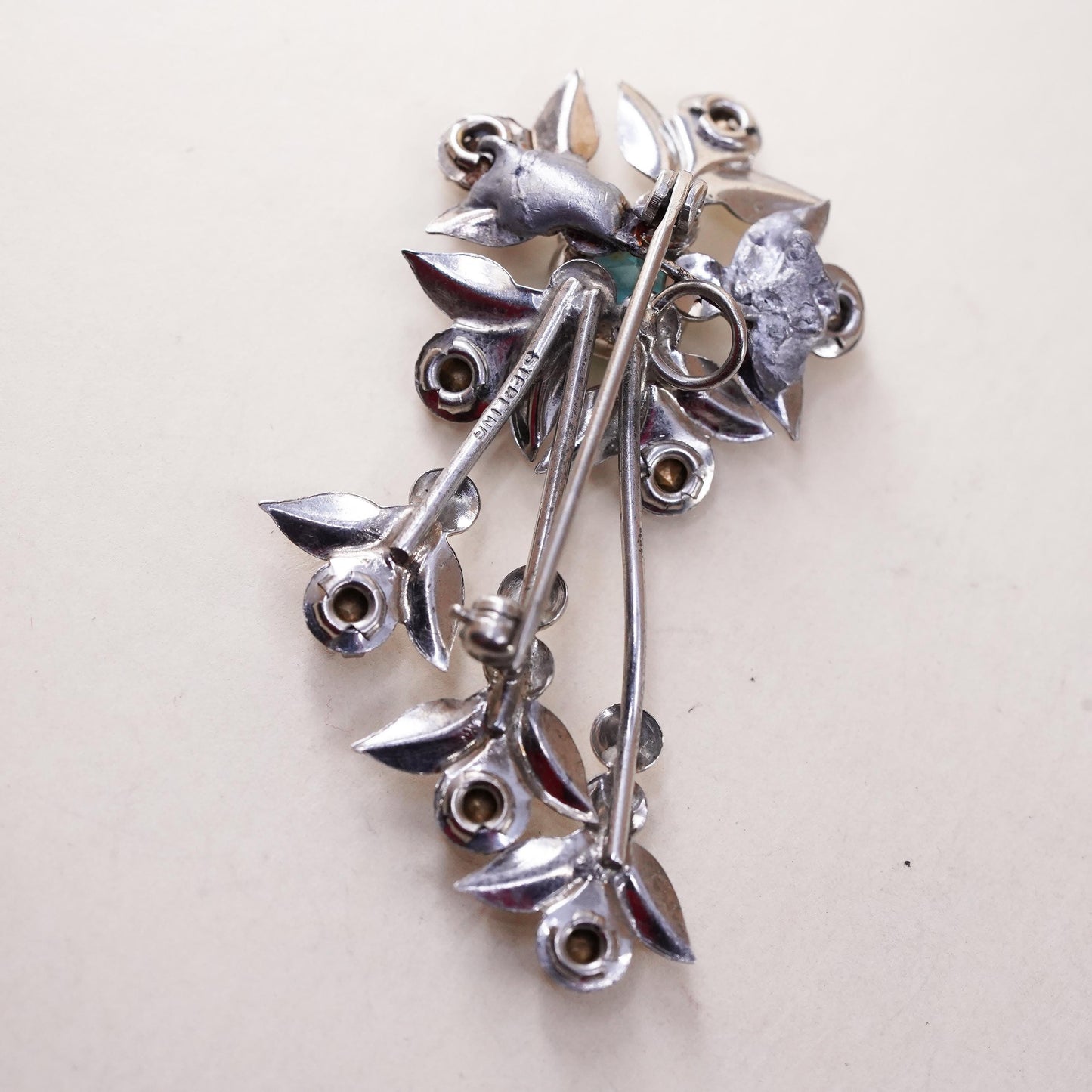 Vermeil gold plated sterling silver brooch, 925 flower blue rhinestone crystal