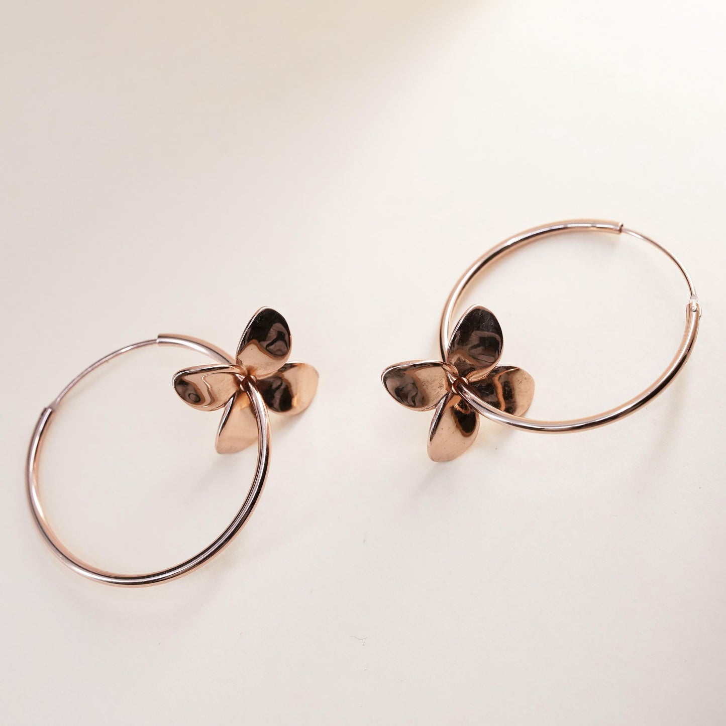 1.25", vermeil rose gold over sterling 925 silver loop earrings, hoops flower