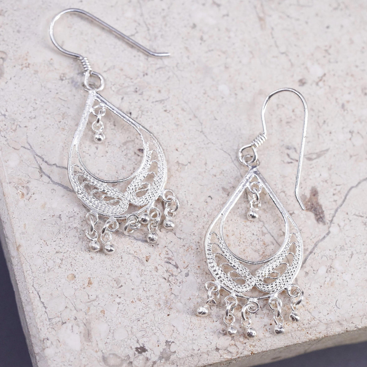 Vintage sterling silver handmade earrings, 925 filigree teardrop drop