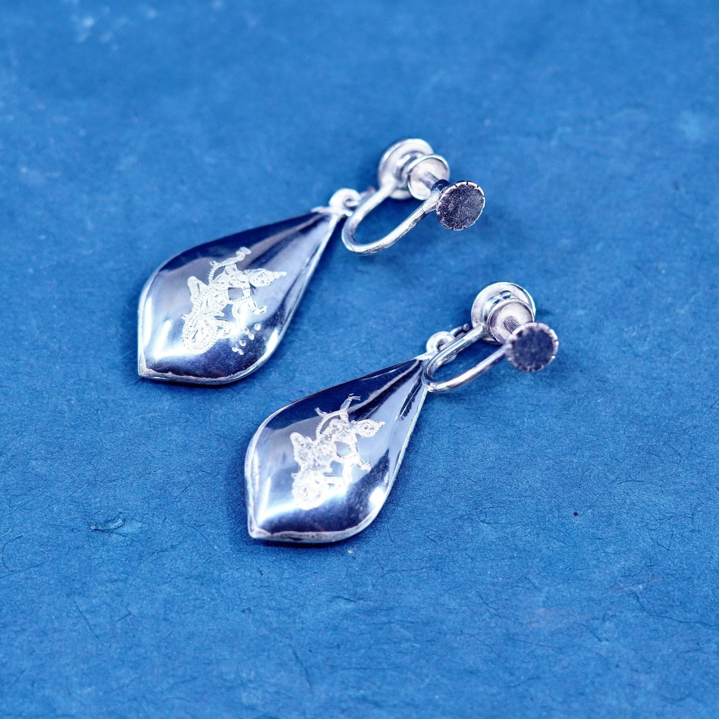 oxidized Sterling silver earrings, 925 screw back with Indian goddess teardrop