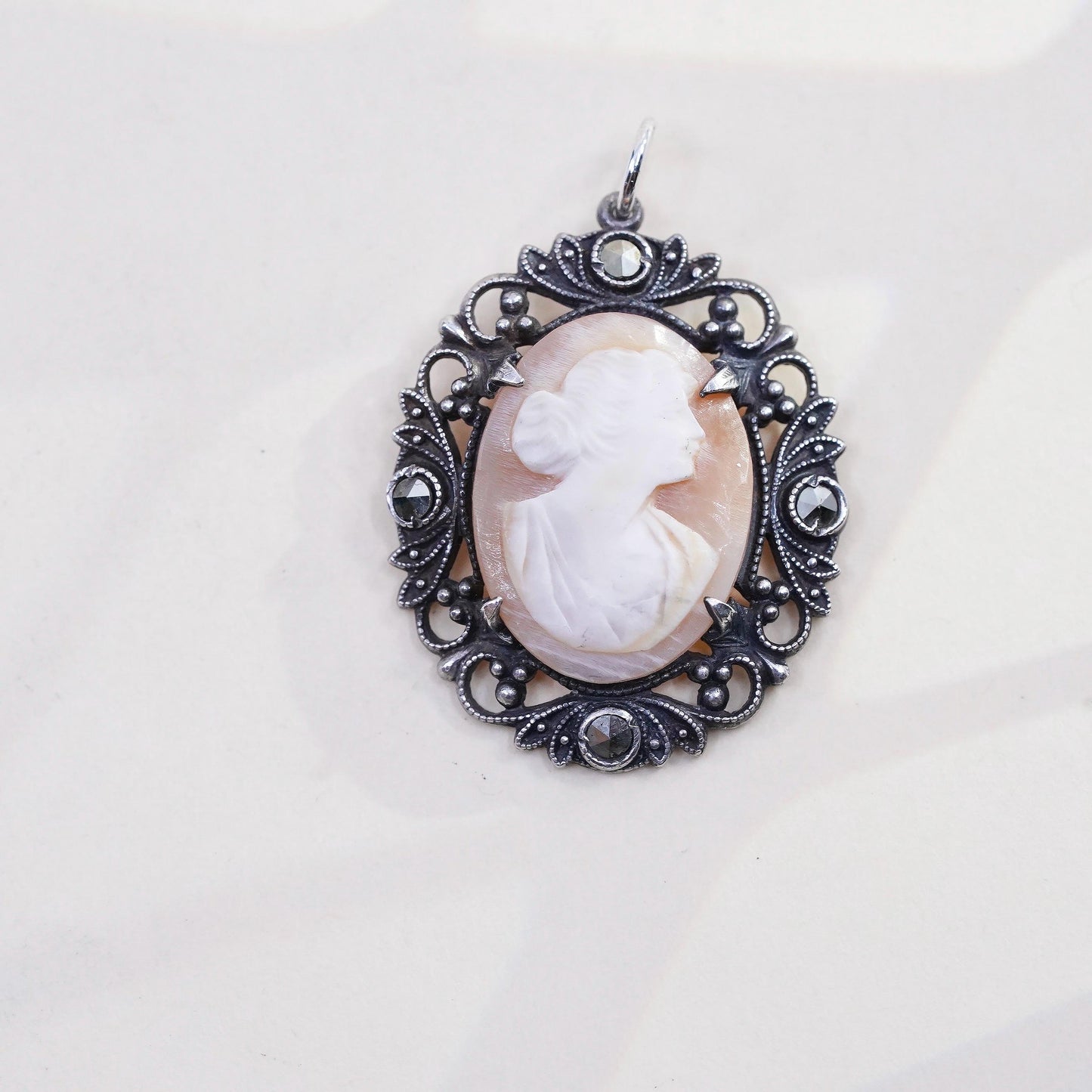 VTG Sterling 925 silver pendant mother of pearl cameo lady cluster marcasites