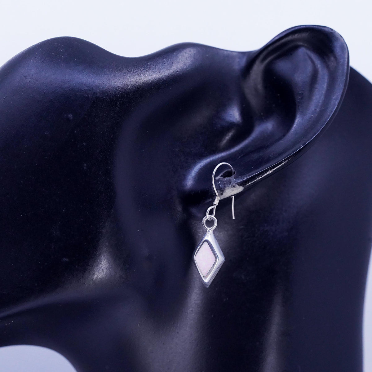 Vintage Sterling Silver Diamond shaped Earrings, 950 Silver Dangle Opal inlay