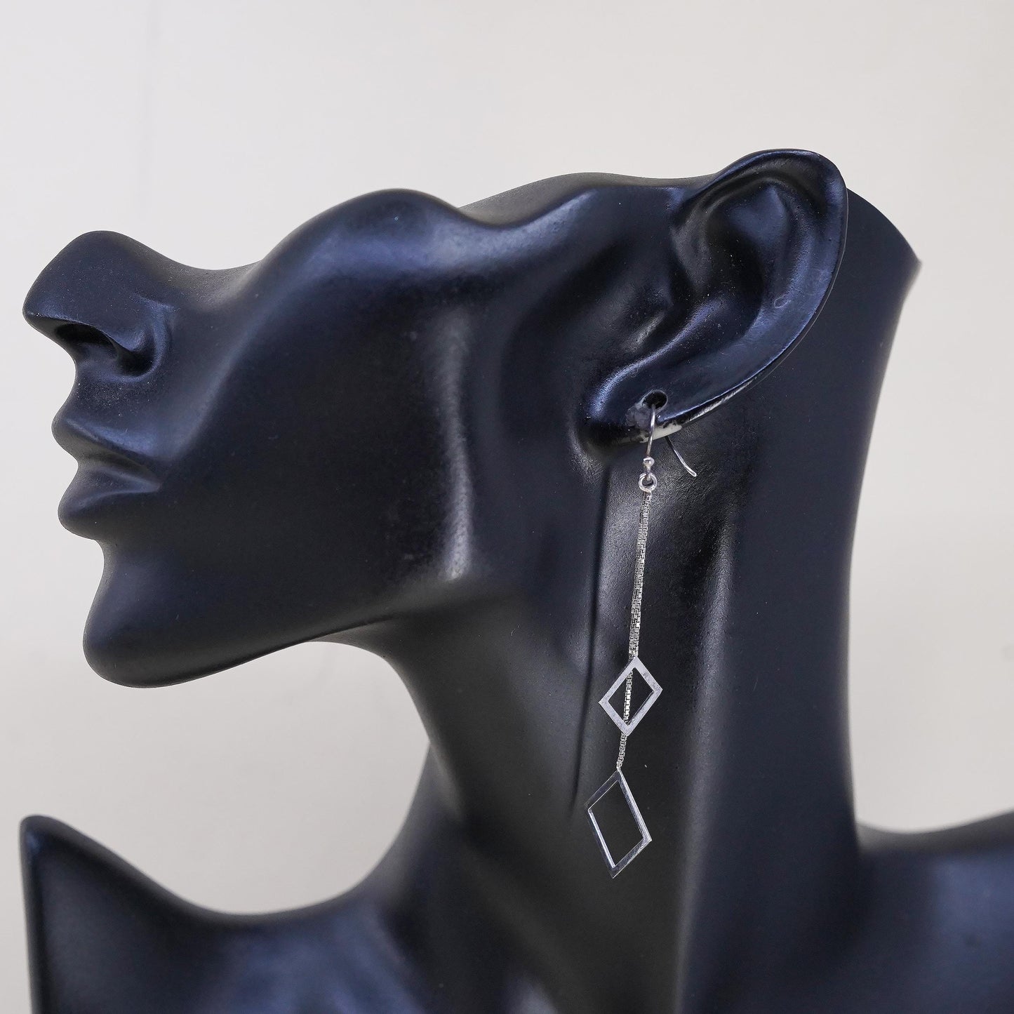 Vintage Sterling 925 silver handmade long box chain earrings w/ square dangles